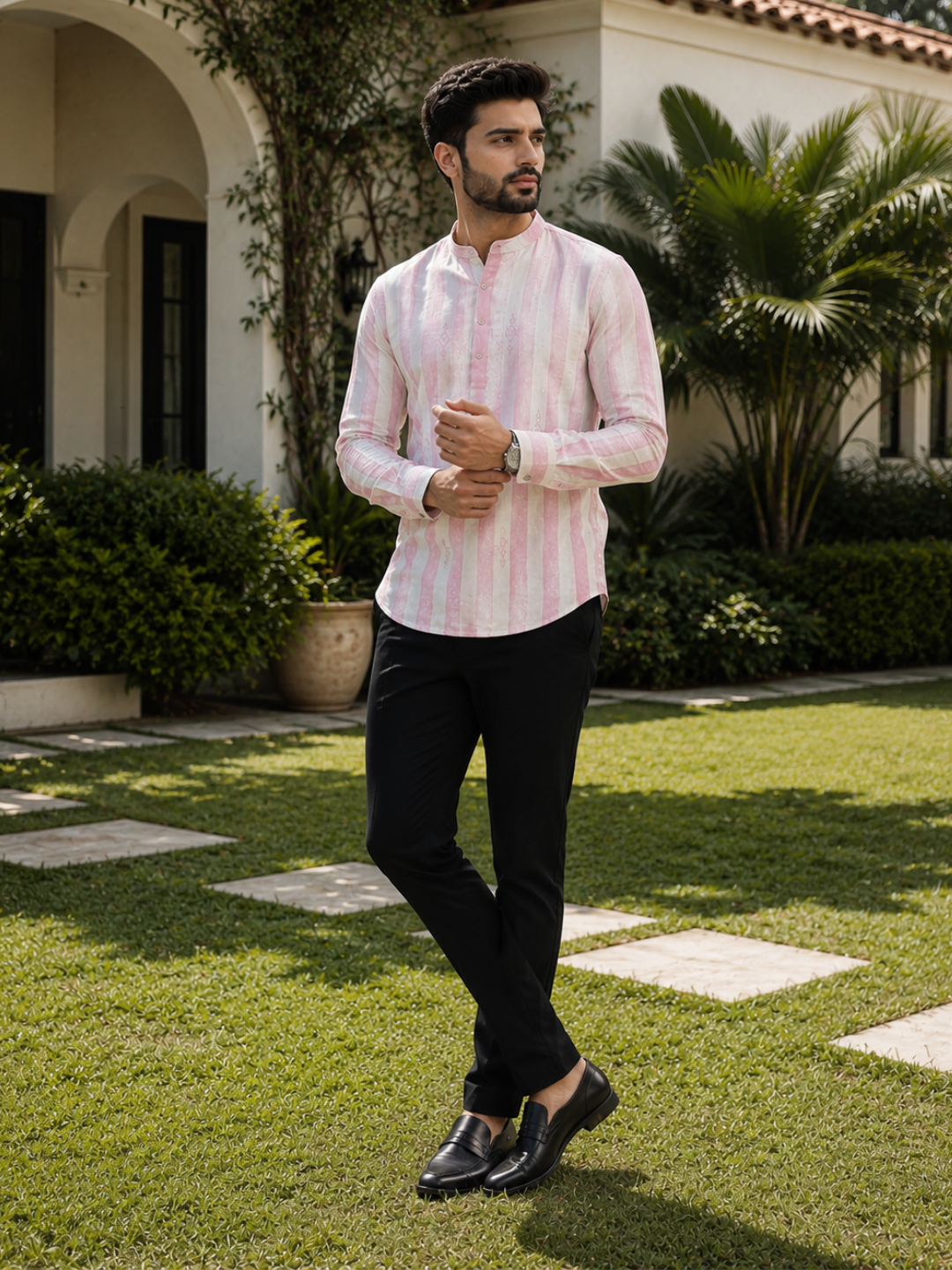Men's Striped Short Kurta Shirt with Ethnic Embroidery