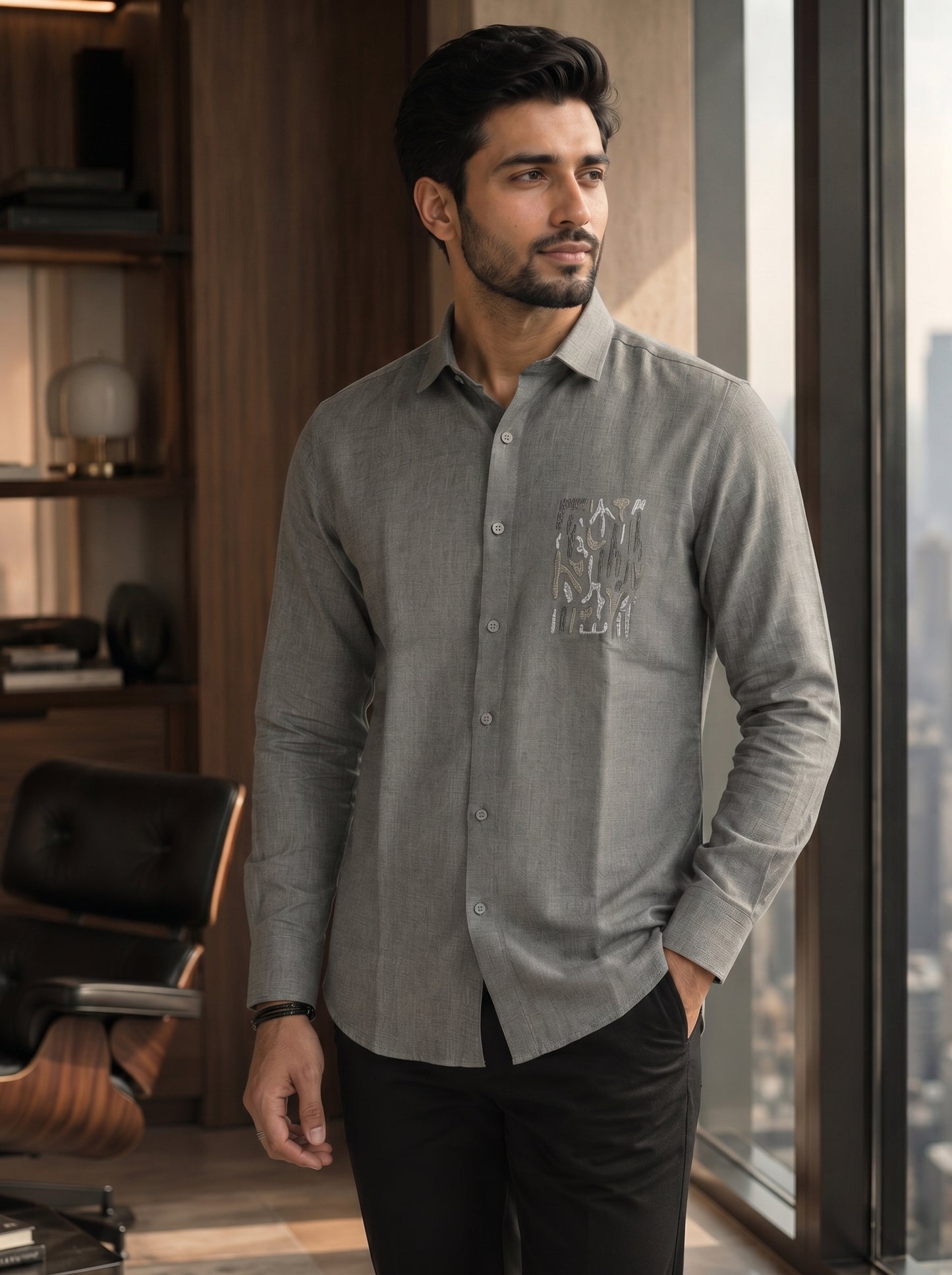 Minimal Embroidery Print Men's Shirt