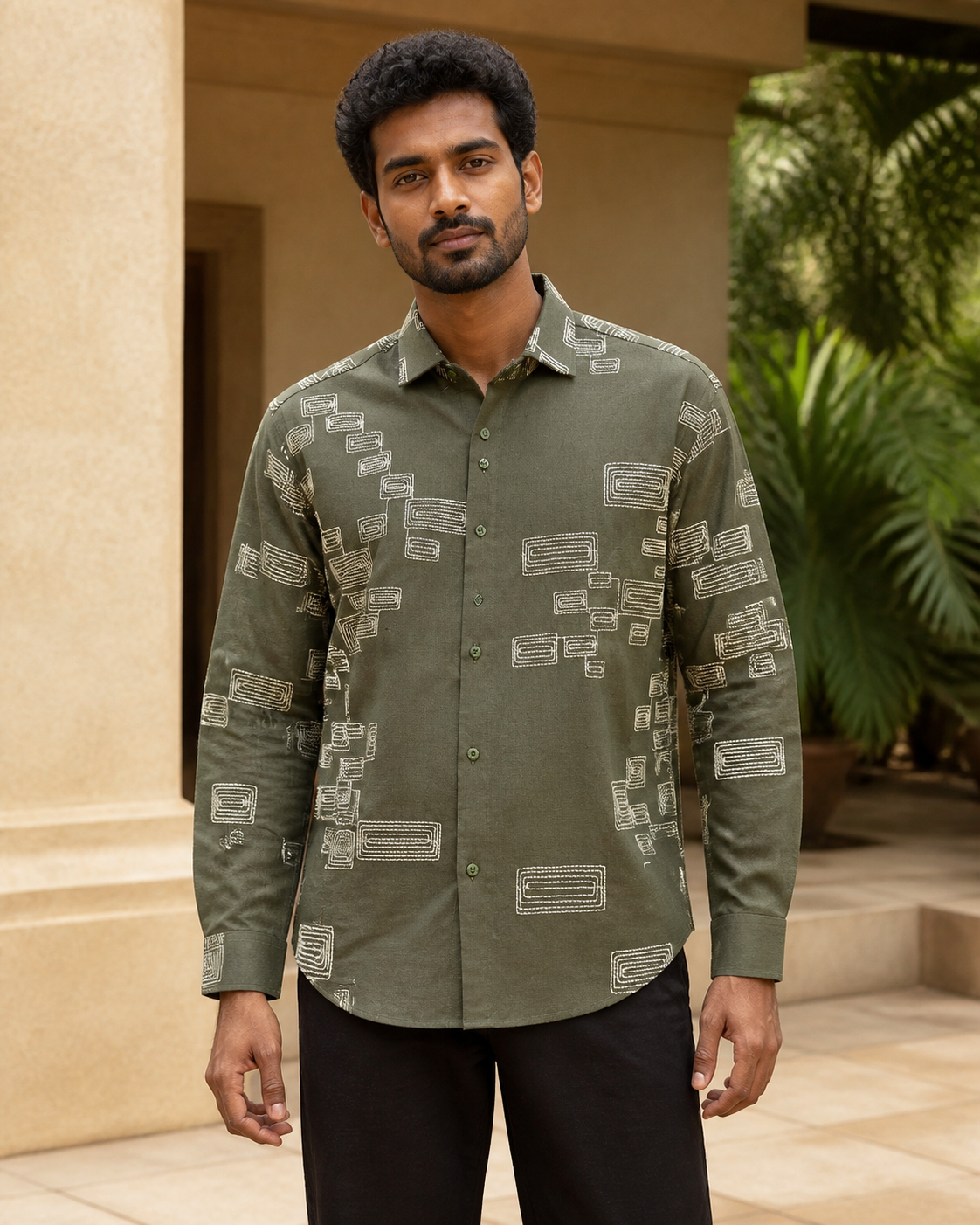 Men's Green Geometric Embroidered Full-Sleeve Shirt, Deep Green, hero front view