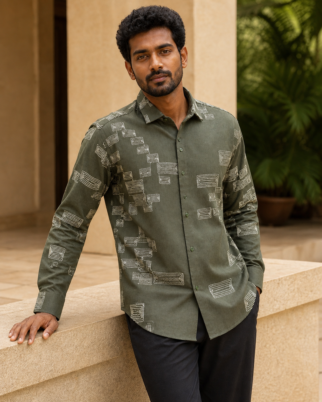 Men's Green Geometric Embroidered Full-Sleeve Shirt, Deep Green, three-quarter standing view