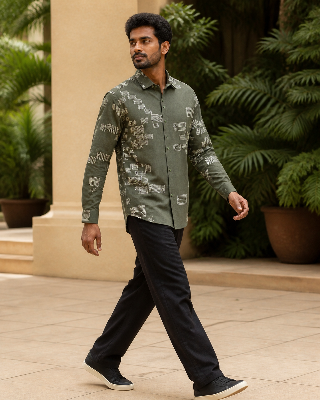 Men's Green Geometric Embroidered Full-Sleeve Shirt, Deep Green, profile action view