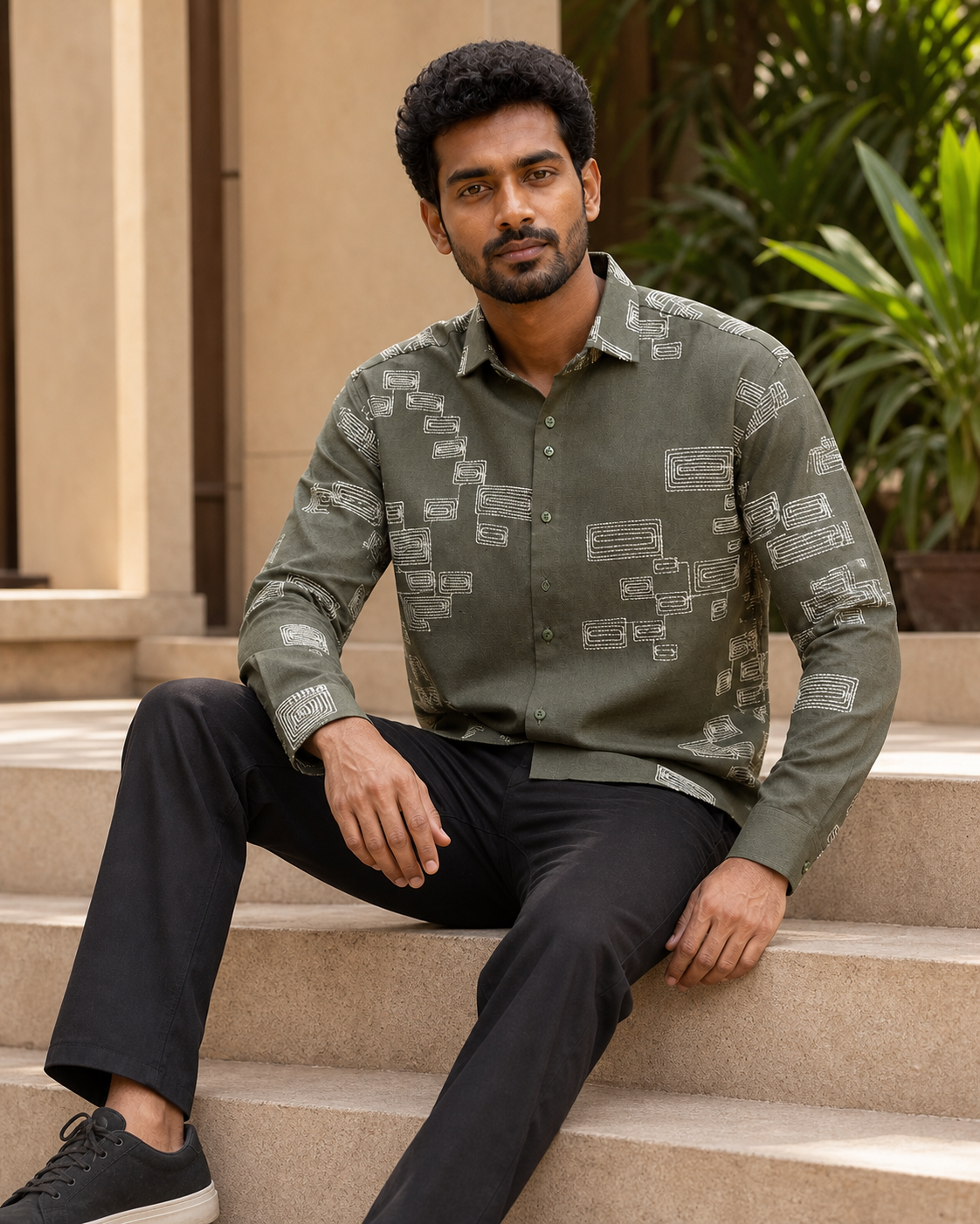 Men's Green Geometric Embroidered Full-Sleeve Shirt, Deep Green, seated lifestyle view