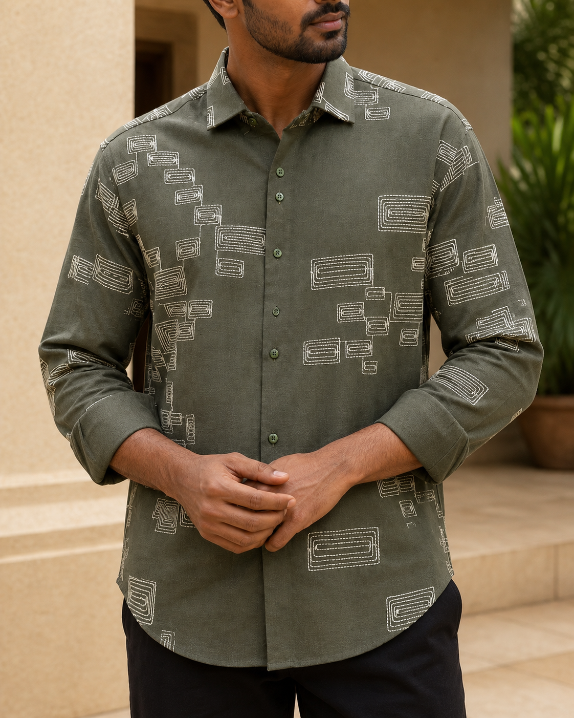 Men's Green Geometric Embroidered Full-Sleeve Shirt, Deep Green, front close-up view