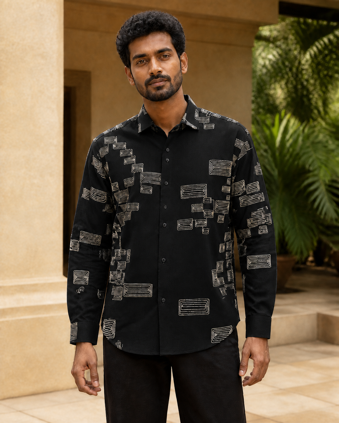 Men's Green Geometric Embroidered Full-Sleeve Shirt, Black, hero front view