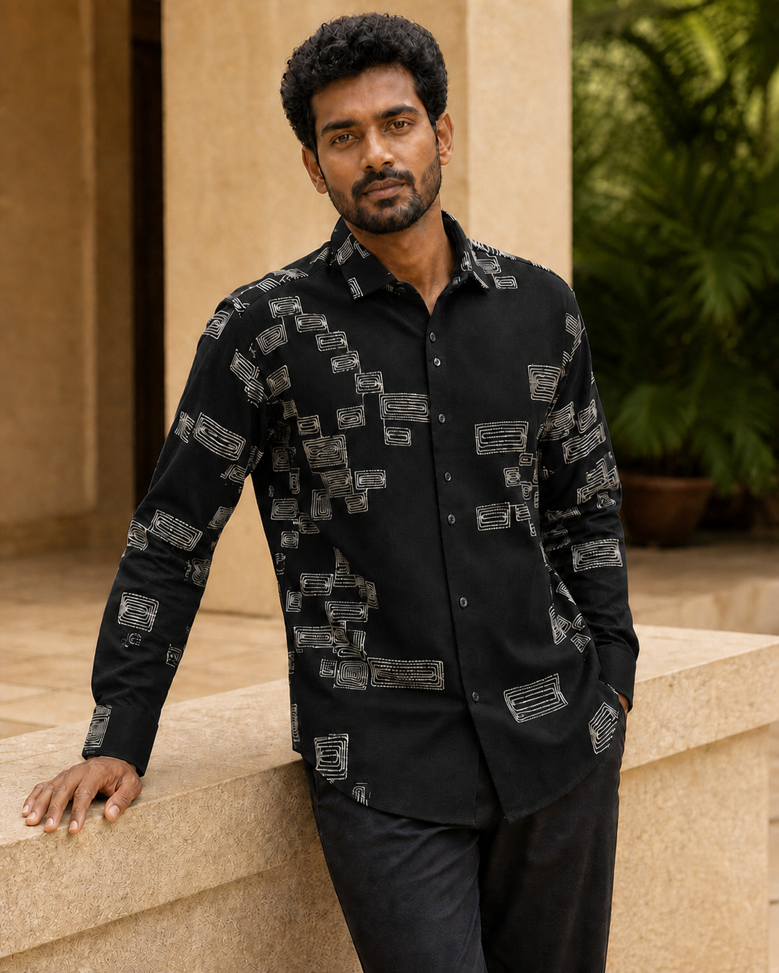 Men's Green Geometric Embroidered Full-Sleeve Shirt, Black, three-quarter standing view
