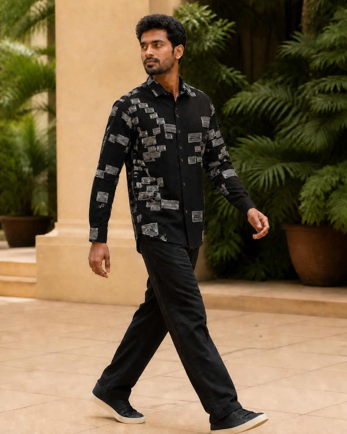 Men's Green Geometric Embroidered Full-Sleeve Shirt, Black, profile action view