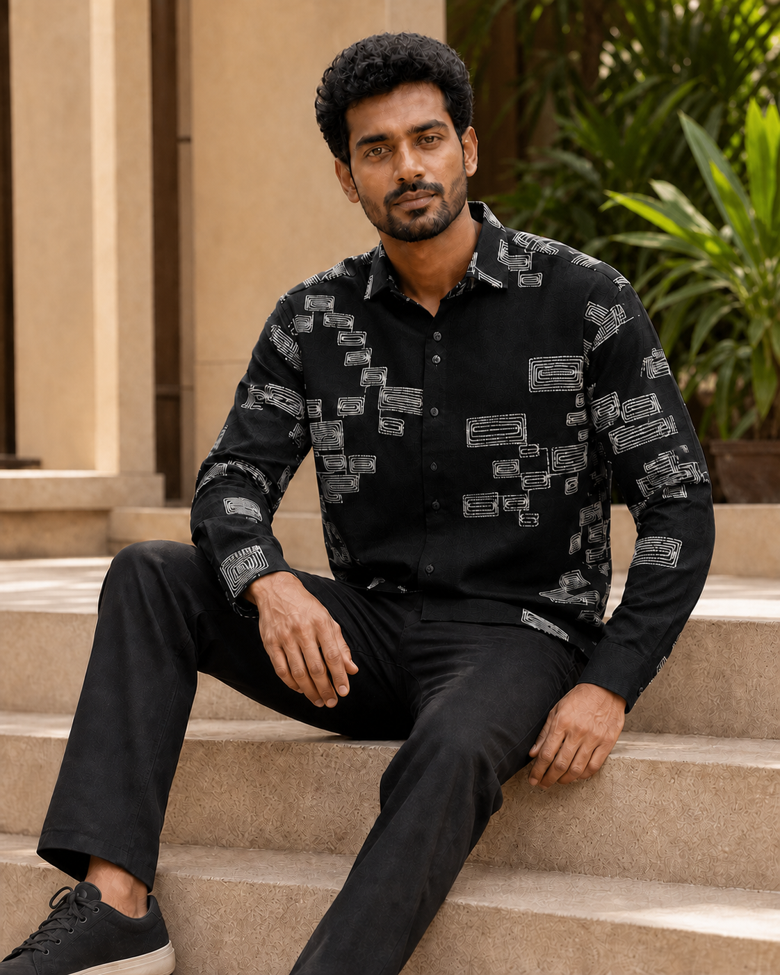 Men's Green Geometric Embroidered Full-Sleeve Shirt, Black, seated lifestyle view