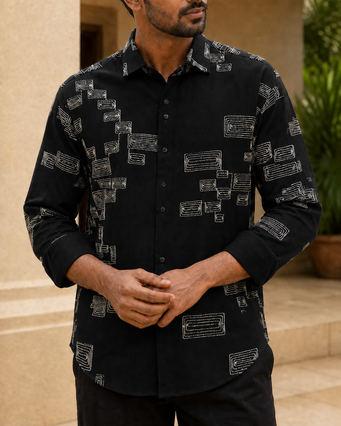 Men's Green Geometric Embroidered Full-Sleeve Shirt, Black, front close-up view
