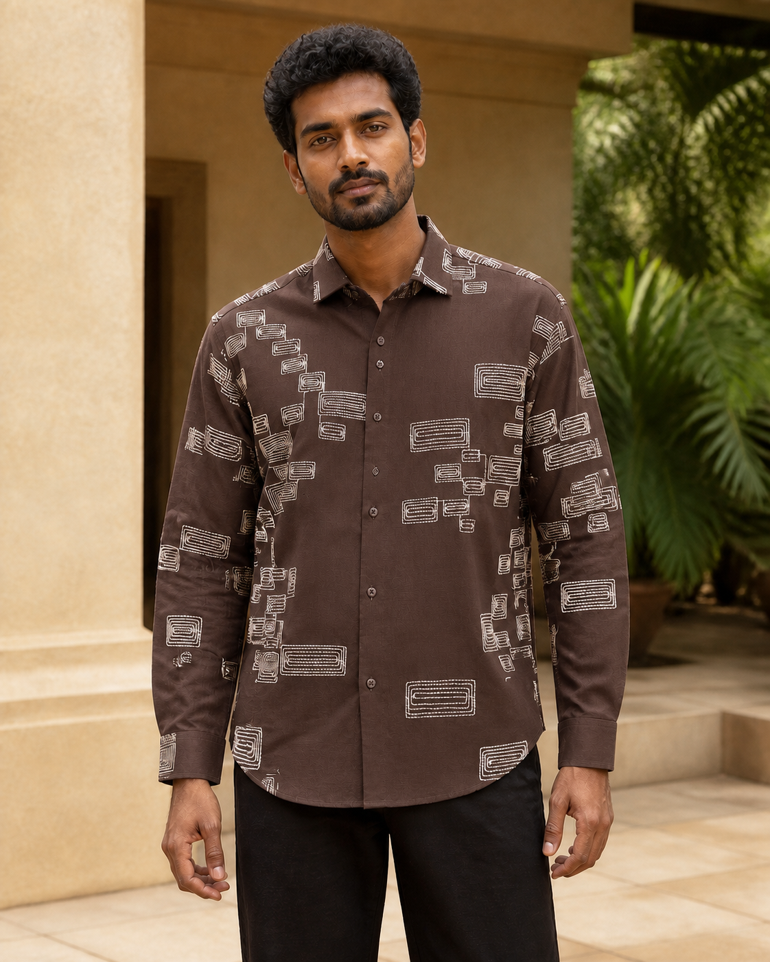 Men's Green Geometric Embroidered Full-Sleeve Shirt, Chocolate Brown, hero front view