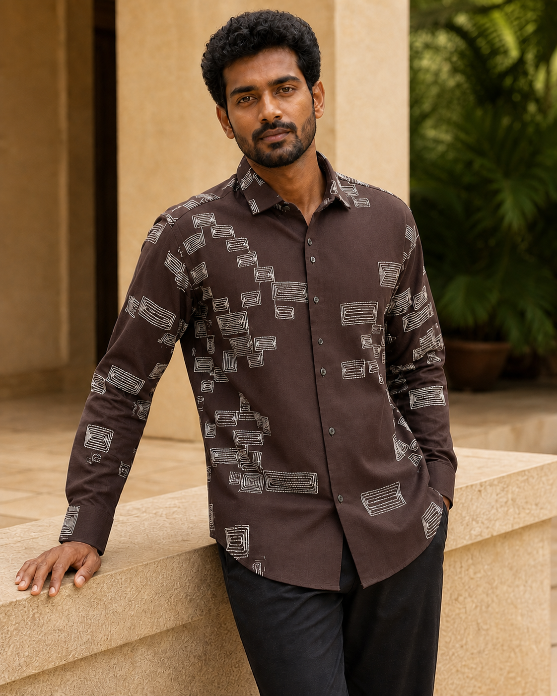 Men's Green Geometric Embroidered Full-Sleeve Shirt, Chocolate Brown, three-quarter standing view