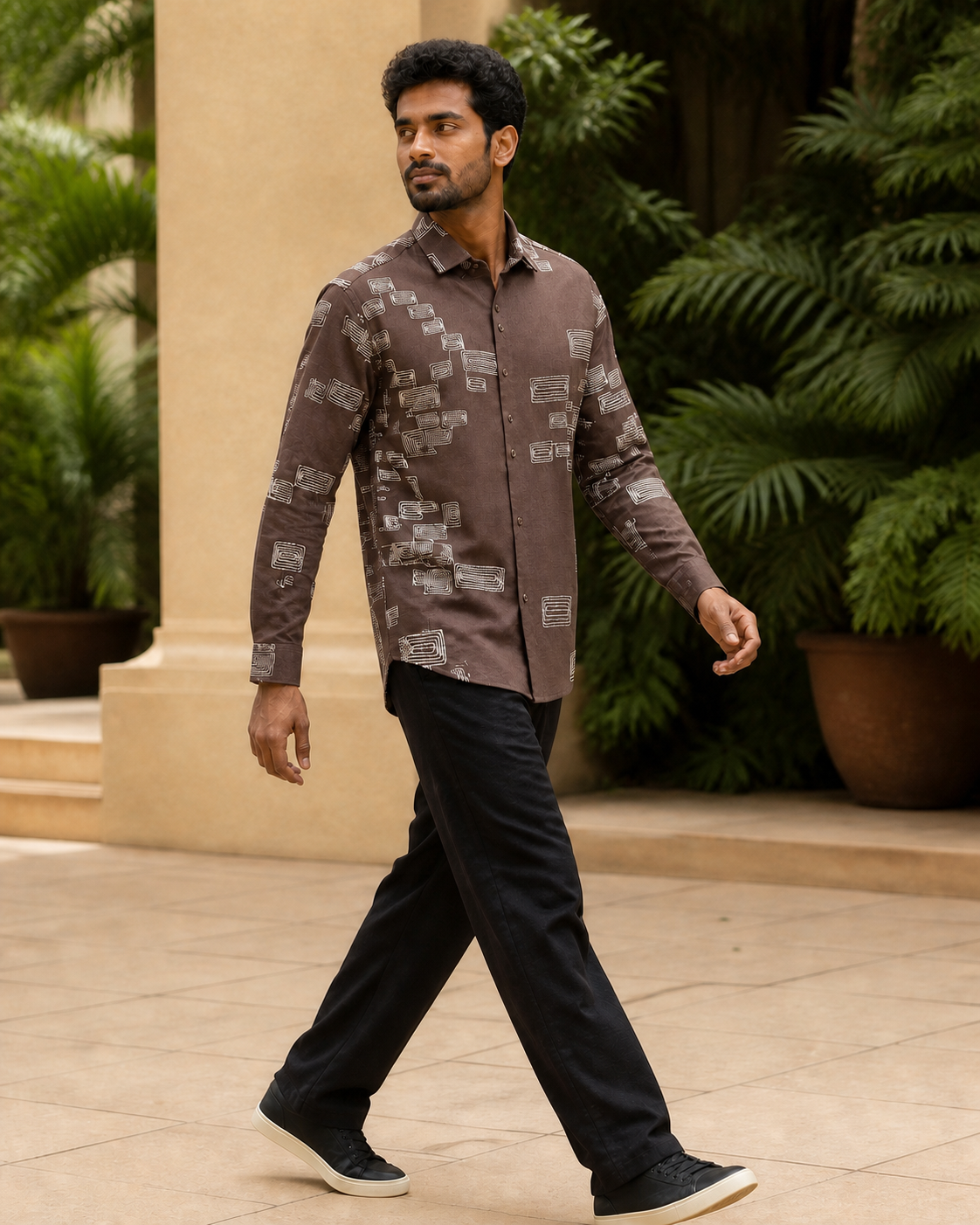 Men's Green Geometric Embroidered Full-Sleeve Shirt, Chocolate Brown, profile action view