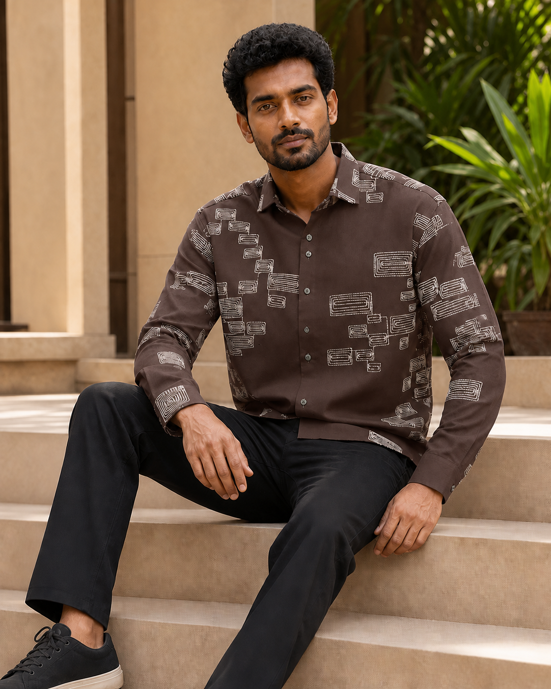 Men's Green Geometric Embroidered Full-Sleeve Shirt, Chocolate Brown, seated lifestyle view
