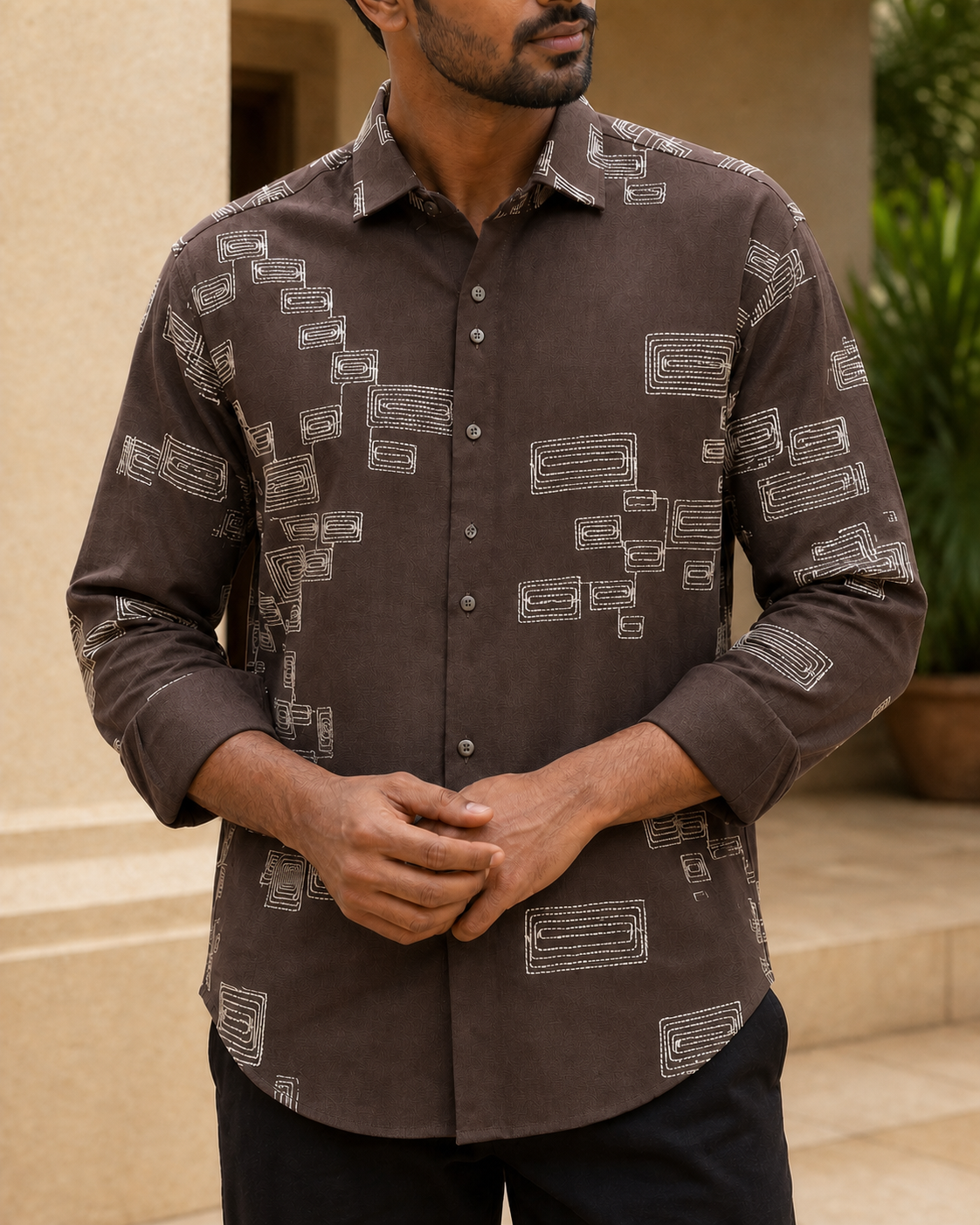 Men's Green Geometric Embroidered Full-Sleeve Shirt, Chocolate Brown, front close-up view