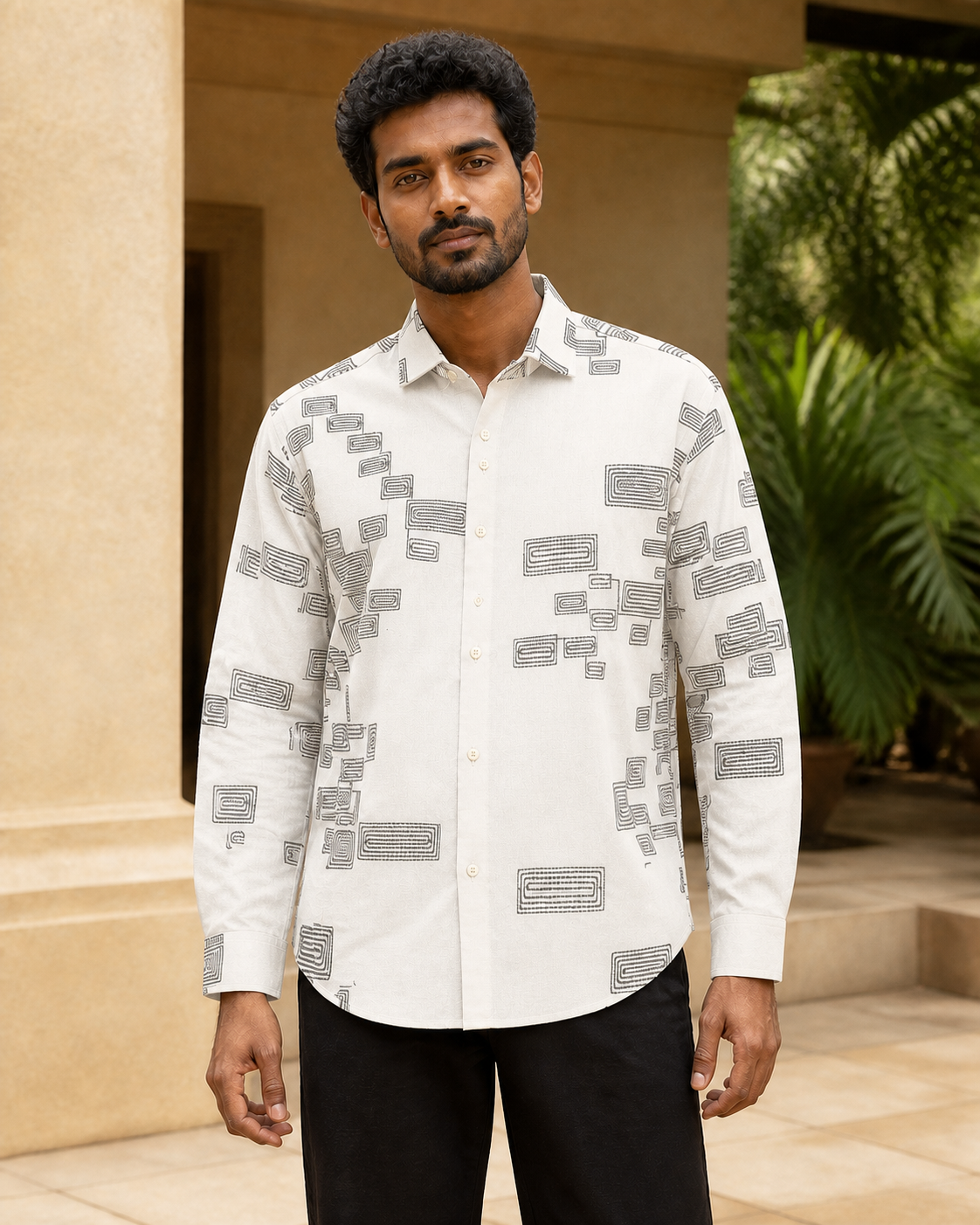 Men's Green Geometric Embroidered Full-Sleeve Shirt, Ivory White, hero front view