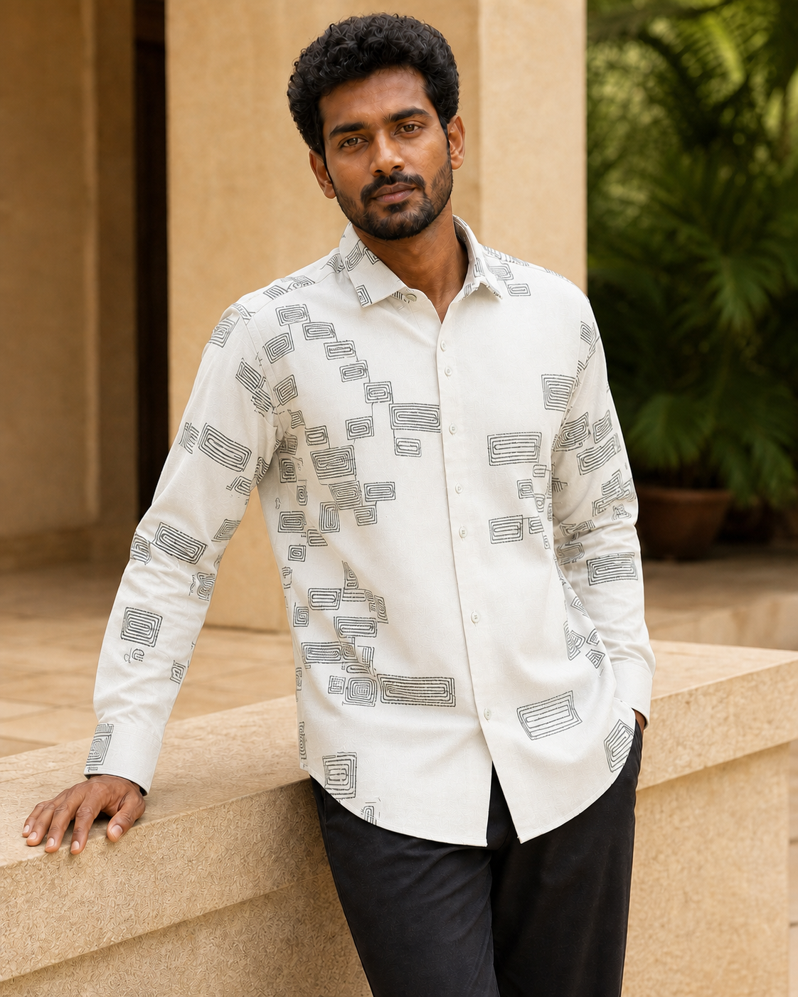 Men's Green Geometric Embroidered Full-Sleeve Shirt, Ivory White, three-quarter standing view