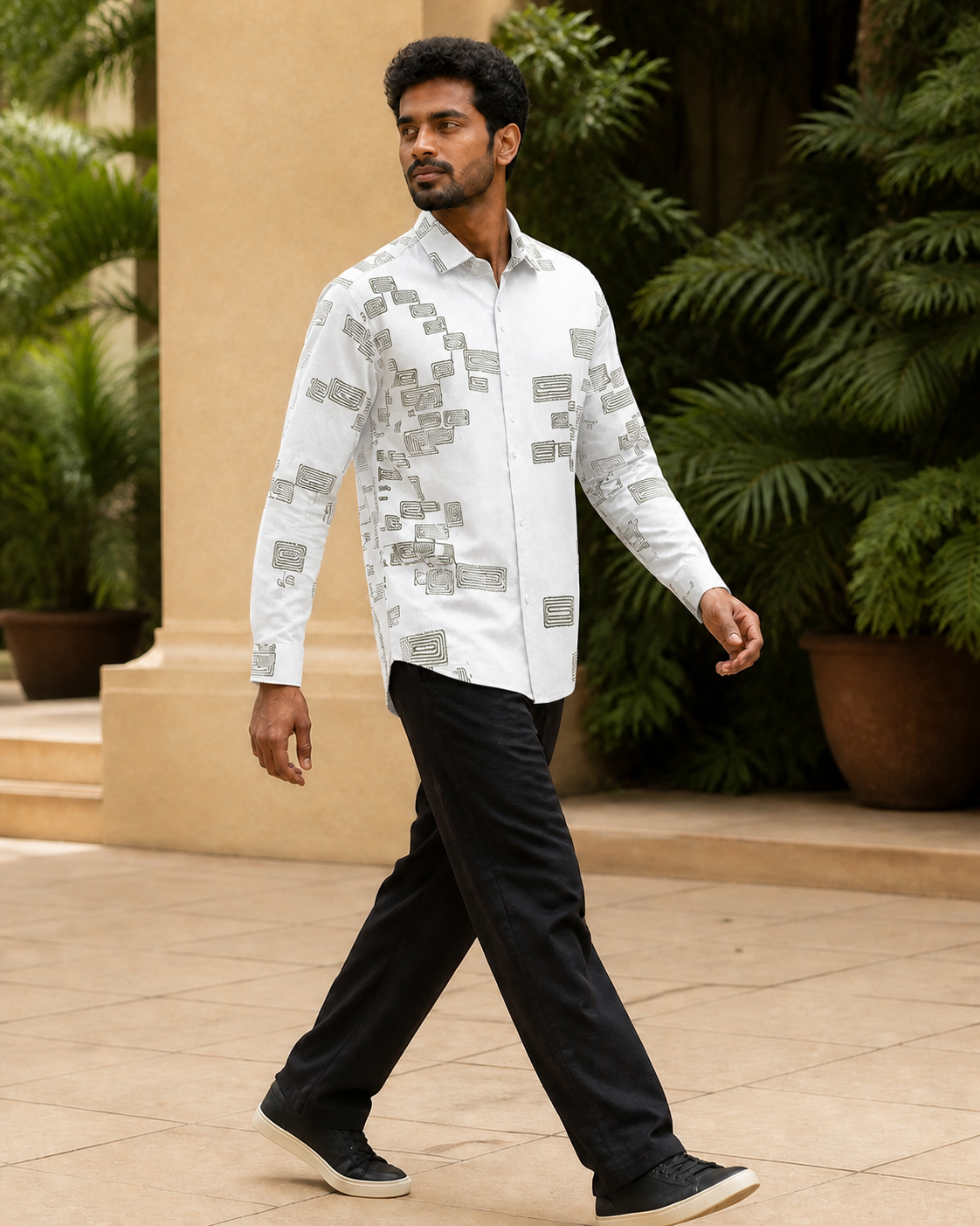 Men's Green Geometric Embroidered Full-Sleeve Shirt, Ivory White, profile action view