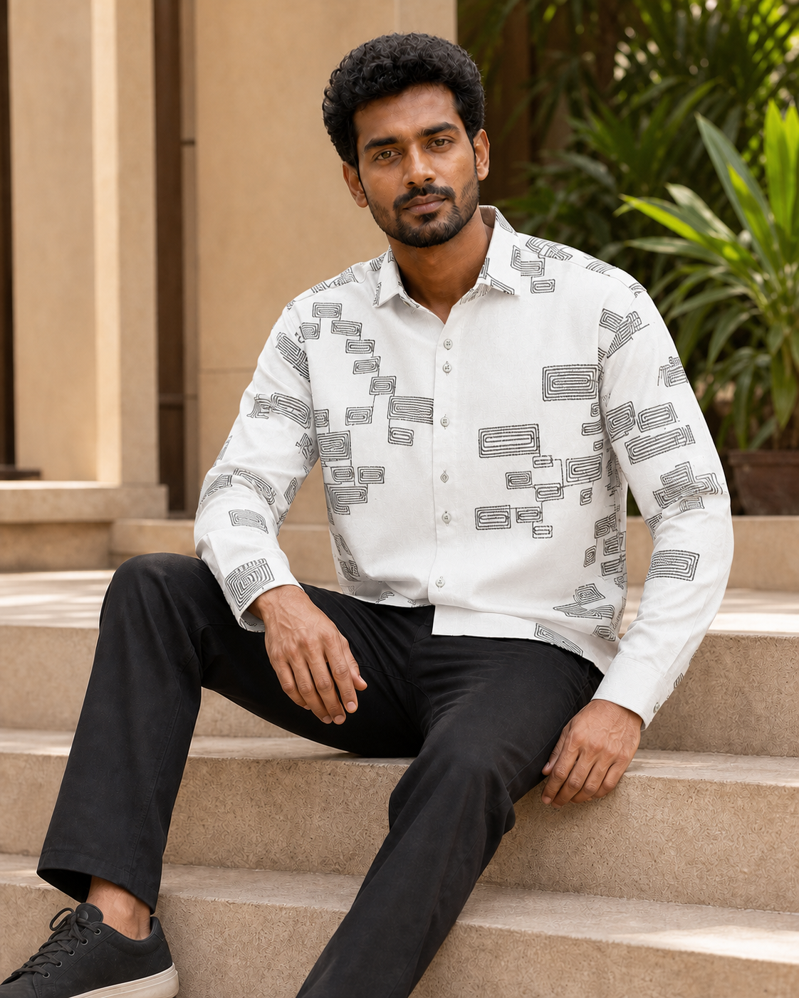 Men's Green Geometric Embroidered Full-Sleeve Shirt, Ivory White, seated lifestyle view