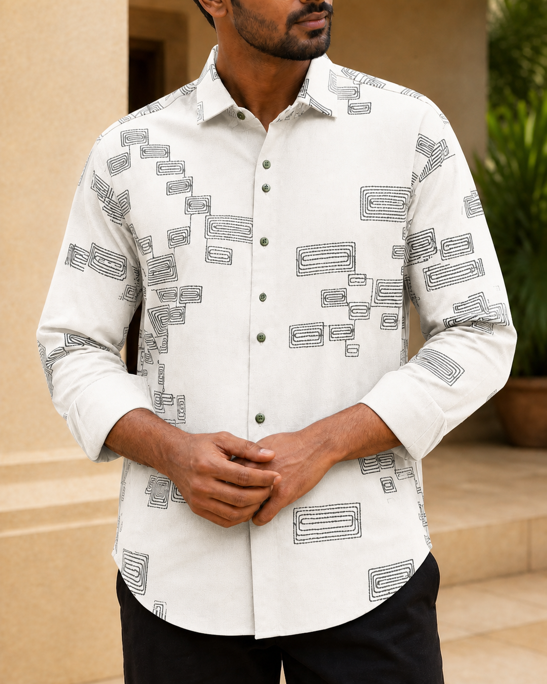 Men's Green Geometric Embroidered Full-Sleeve Shirt, Ivory White, front close-up view
