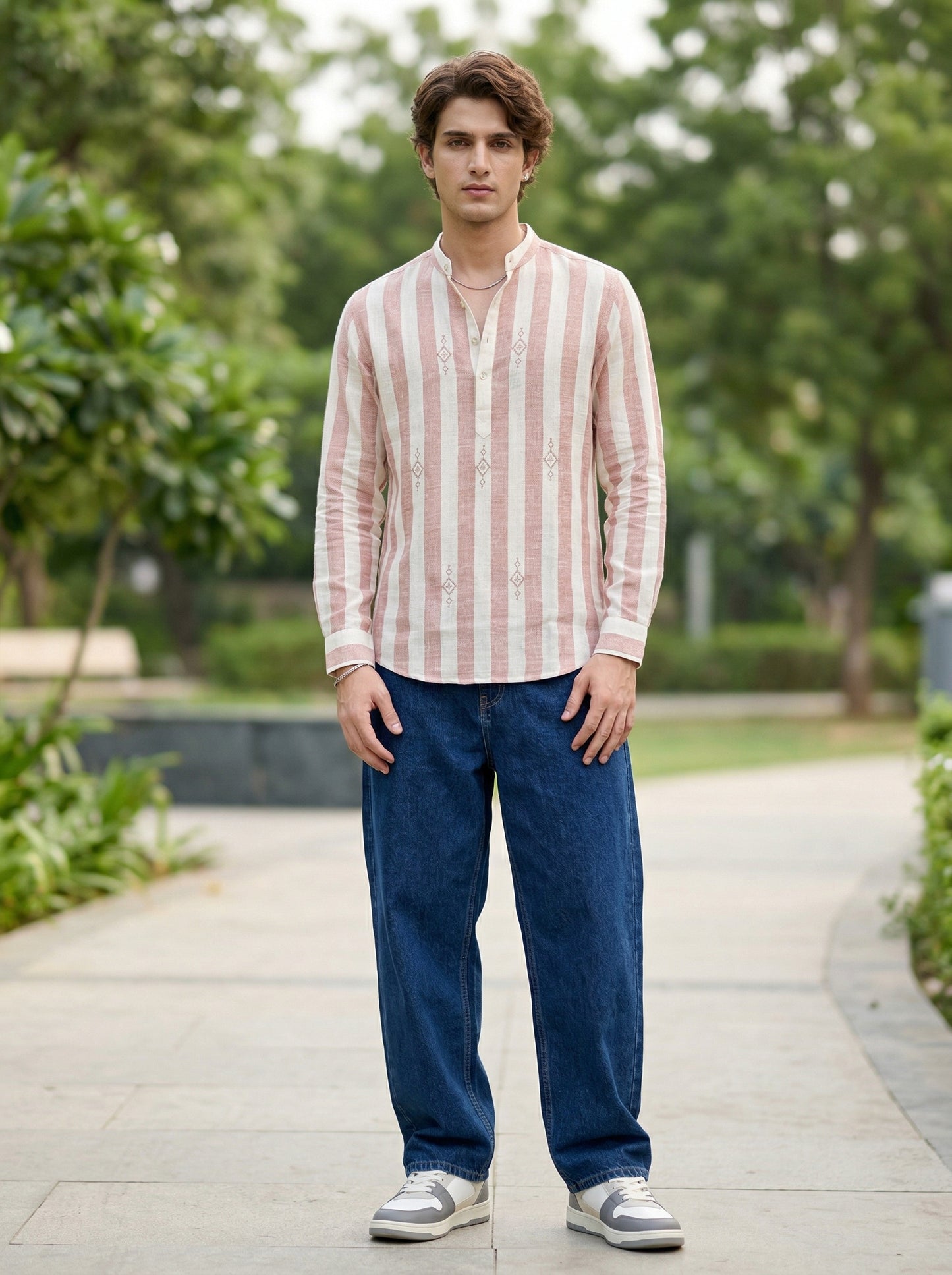 Men's Striped Short Kurta Shirt with Ethnic Embroidery
