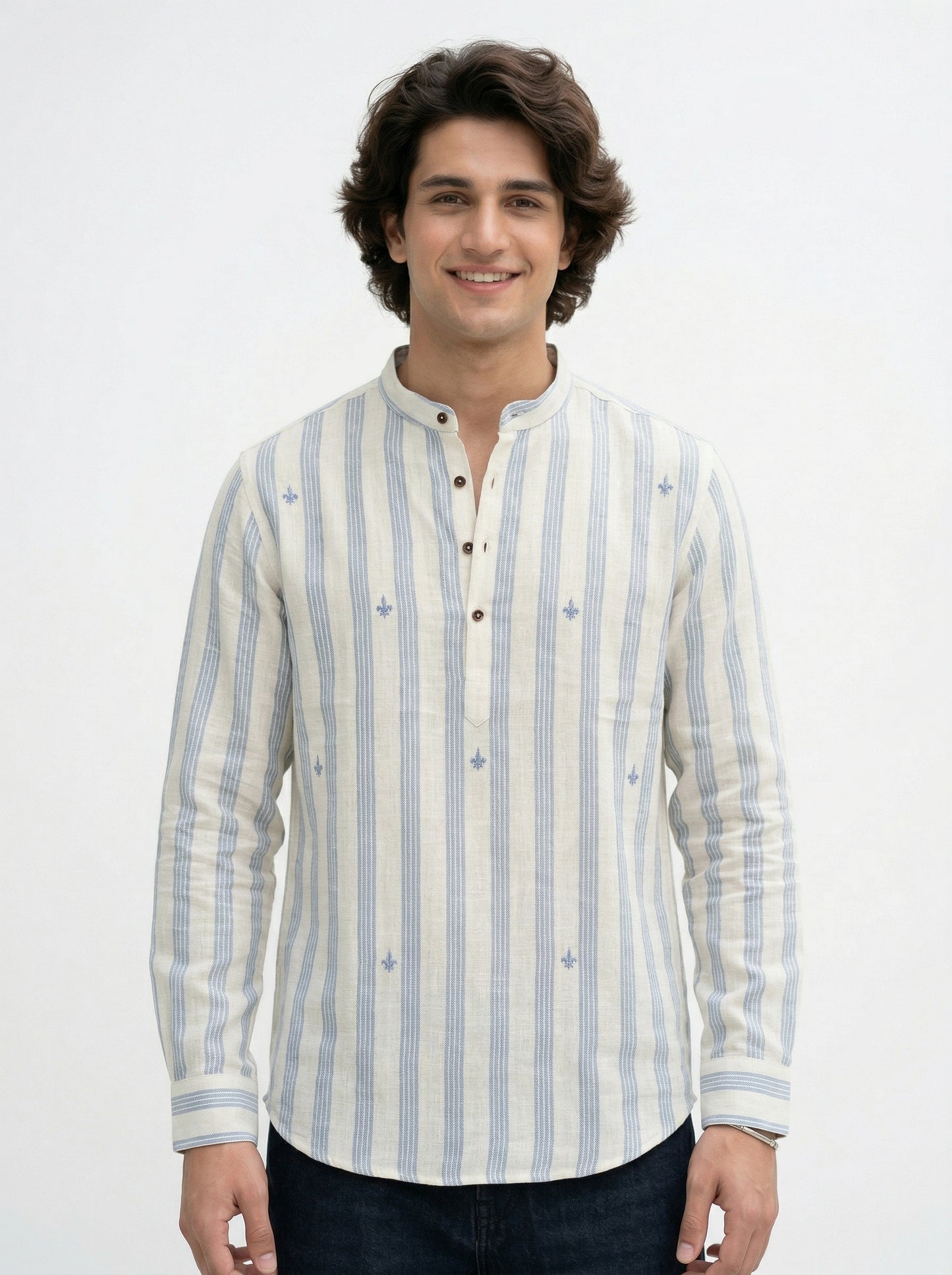Men's Striped Short Kurta Shirt with Tiny Embroidery