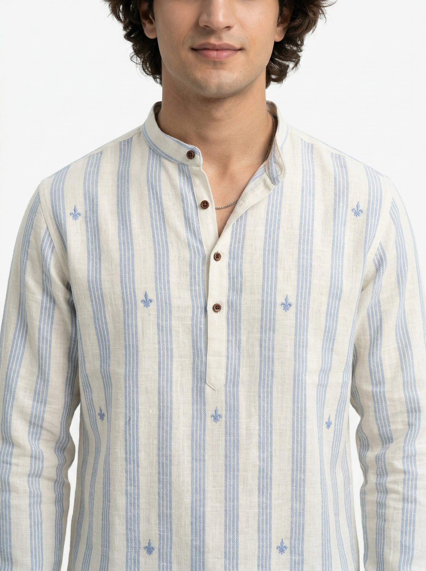 Men's Striped Short Kurta Shirt with Tiny Embroidery