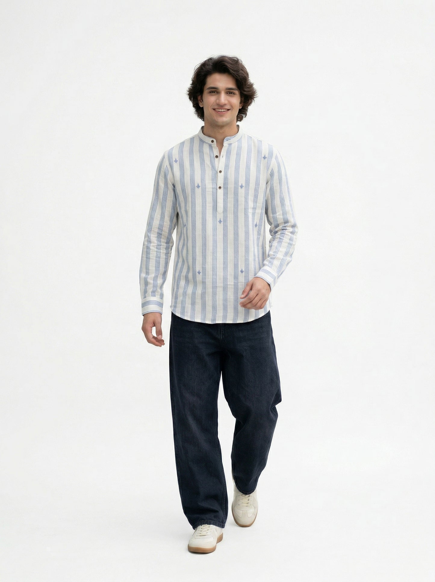 Men's Striped Short Kurta Shirt with Tiny Embroidery