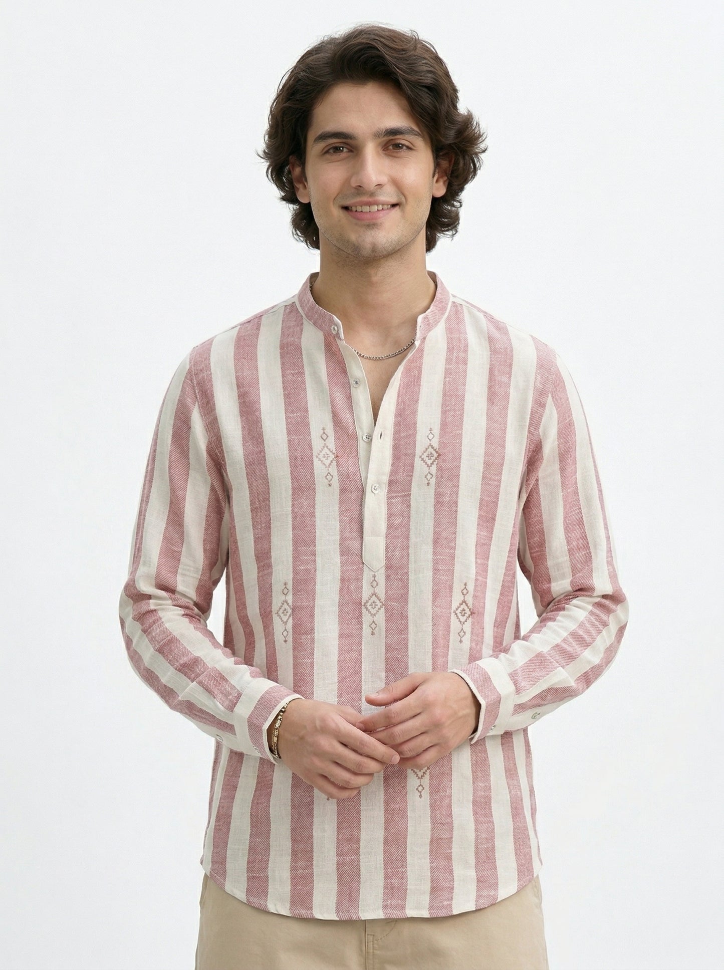 Men's Striped Short Kurta Shirt with Ethnic Embroidery