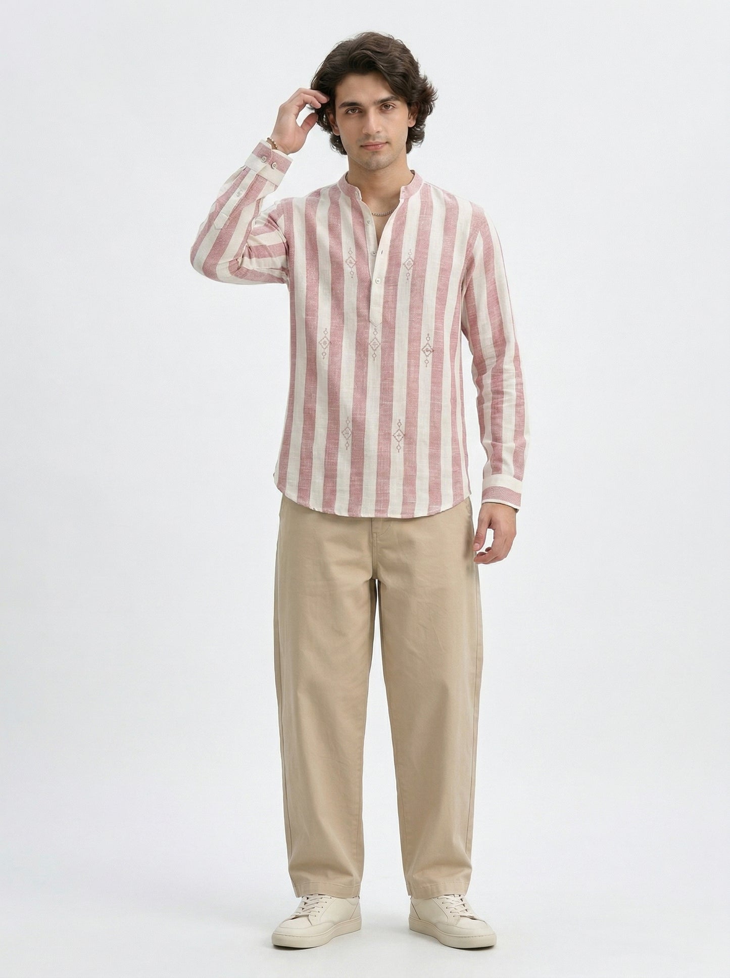 Men's Striped Short Kurta Shirt with Ethnic Embroidery