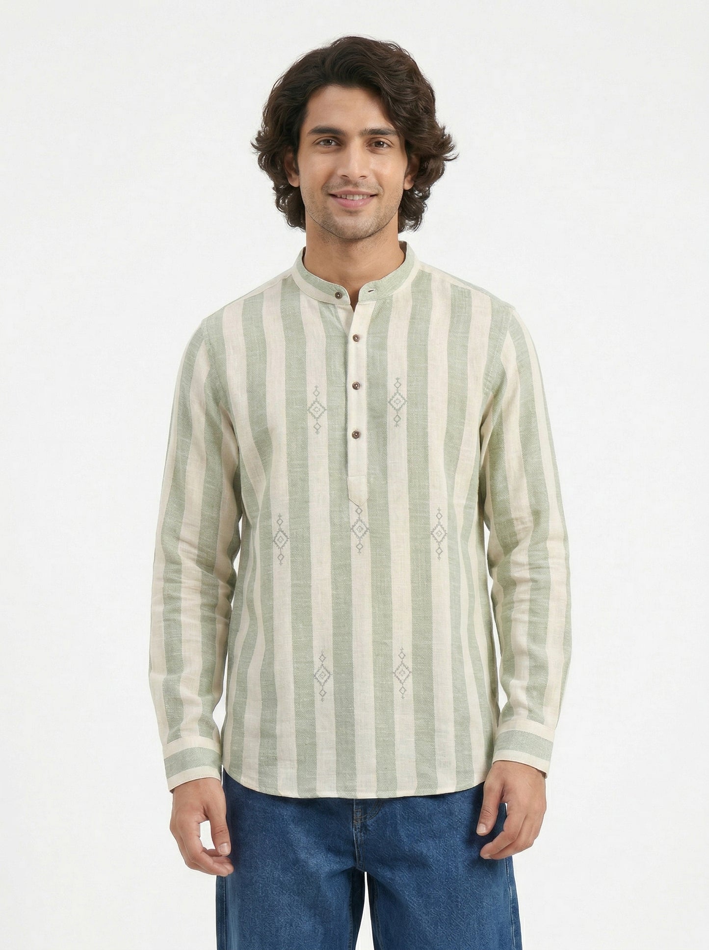 Men's Striped Short Kurta Shirt with Ethnic Embroidery