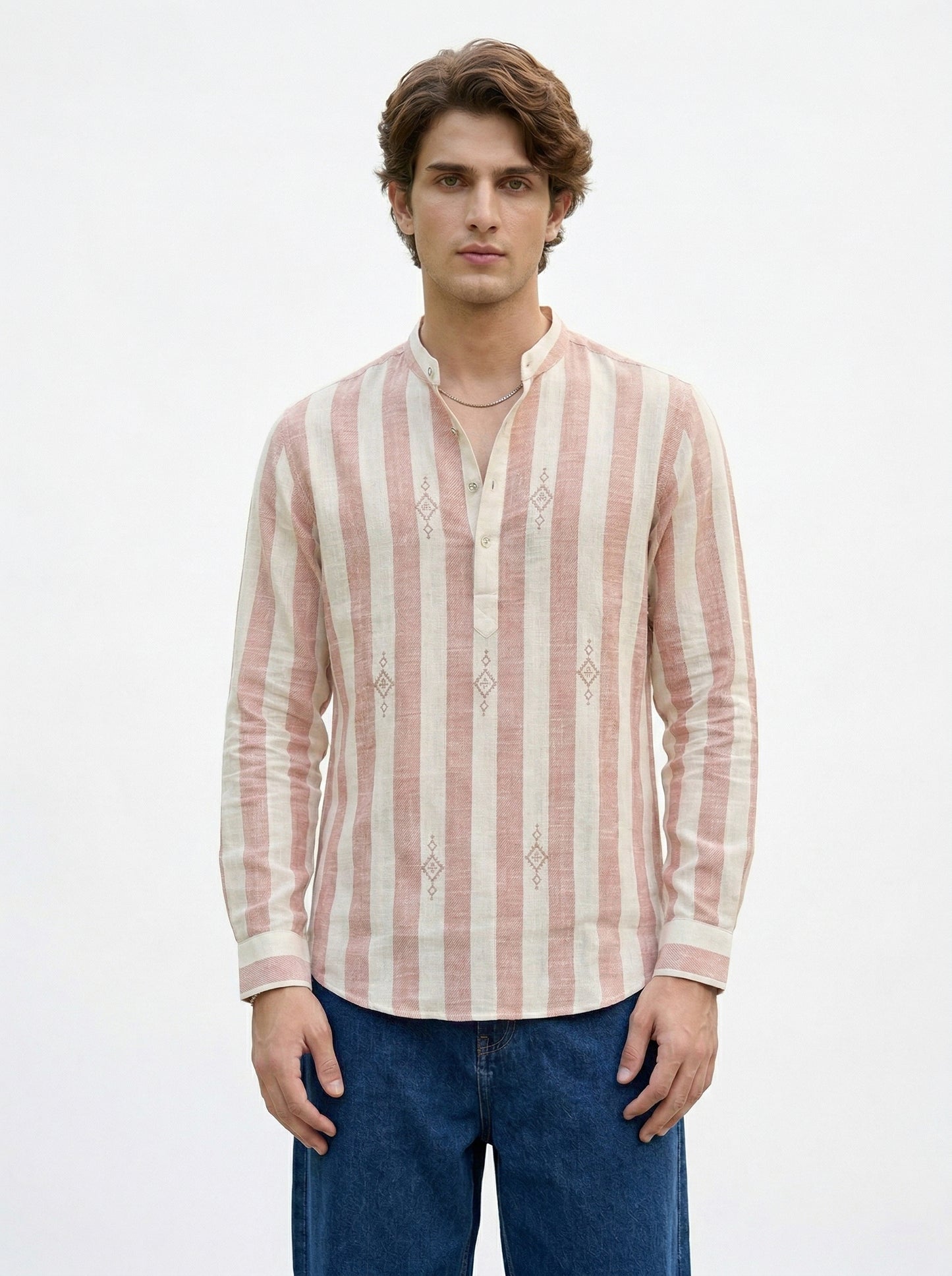 Men's Striped Short Kurta Shirt with Ethnic Embroidery