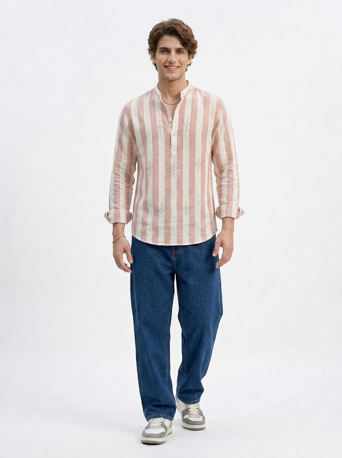 Men's Striped Short Kurta Shirt with Ethnic Embroidery