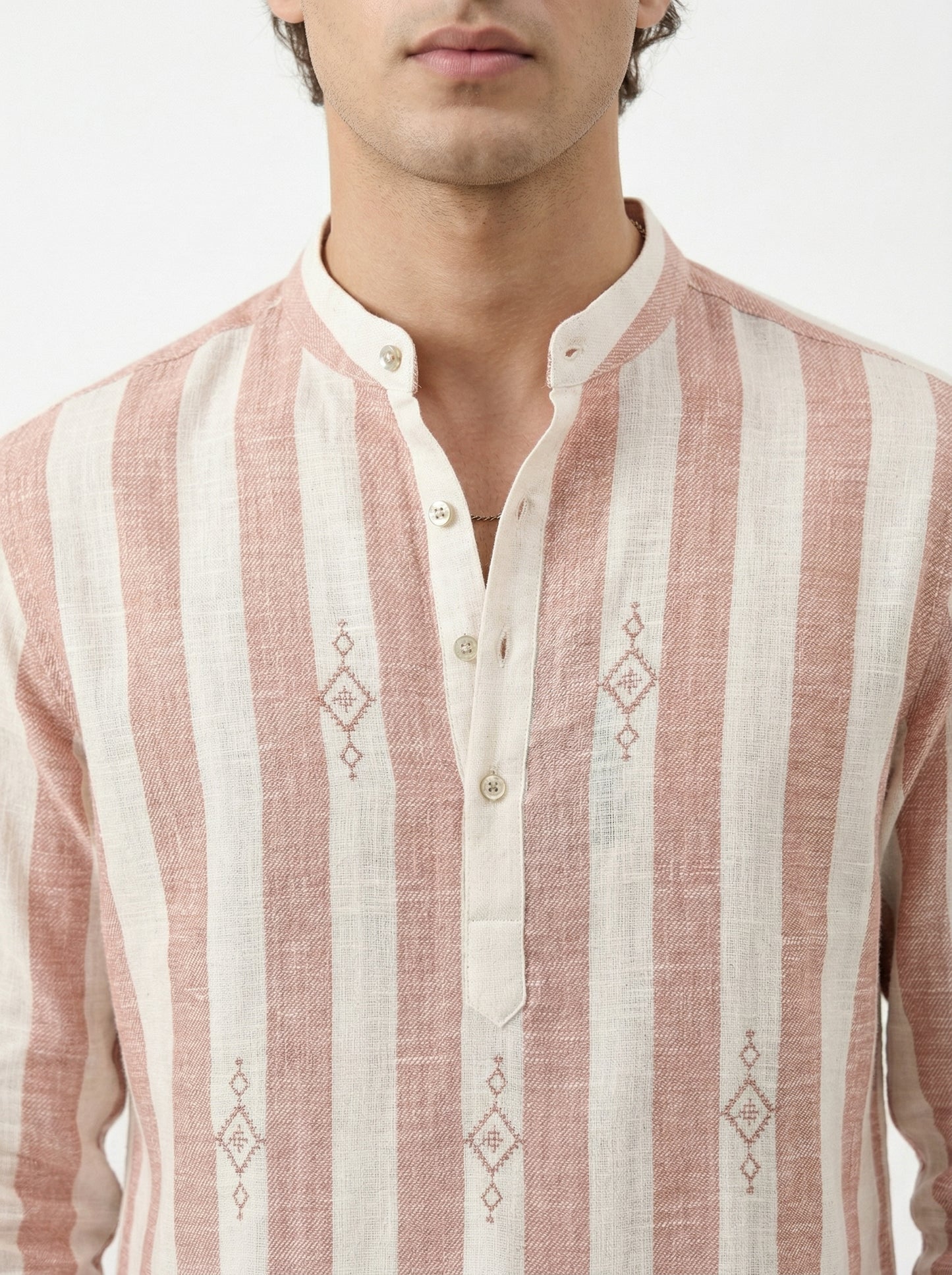 Men's Striped Short Kurta Shirt with Ethnic Embroidery