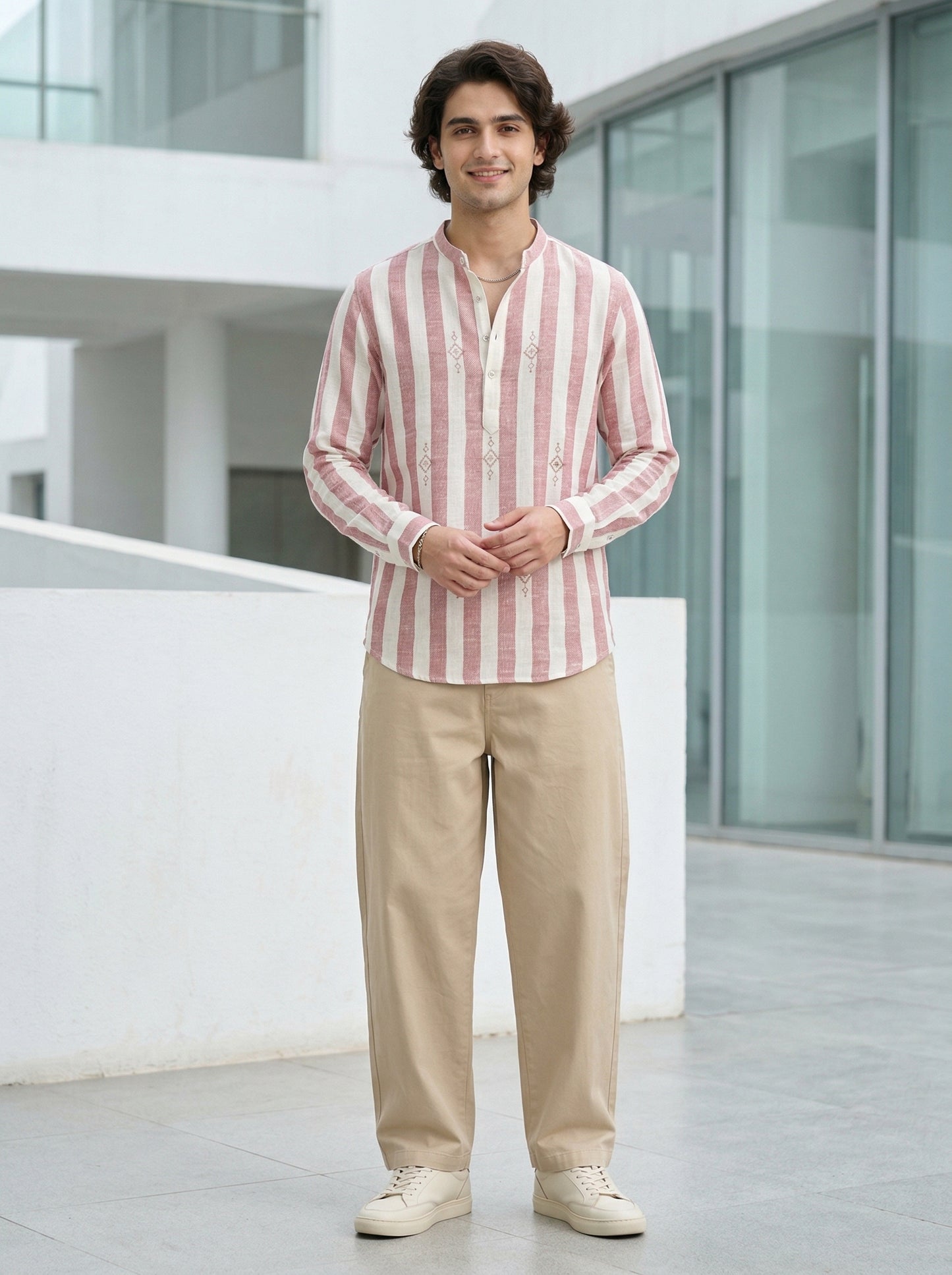 Men's Striped Short Kurta Shirt with Ethnic Embroidery