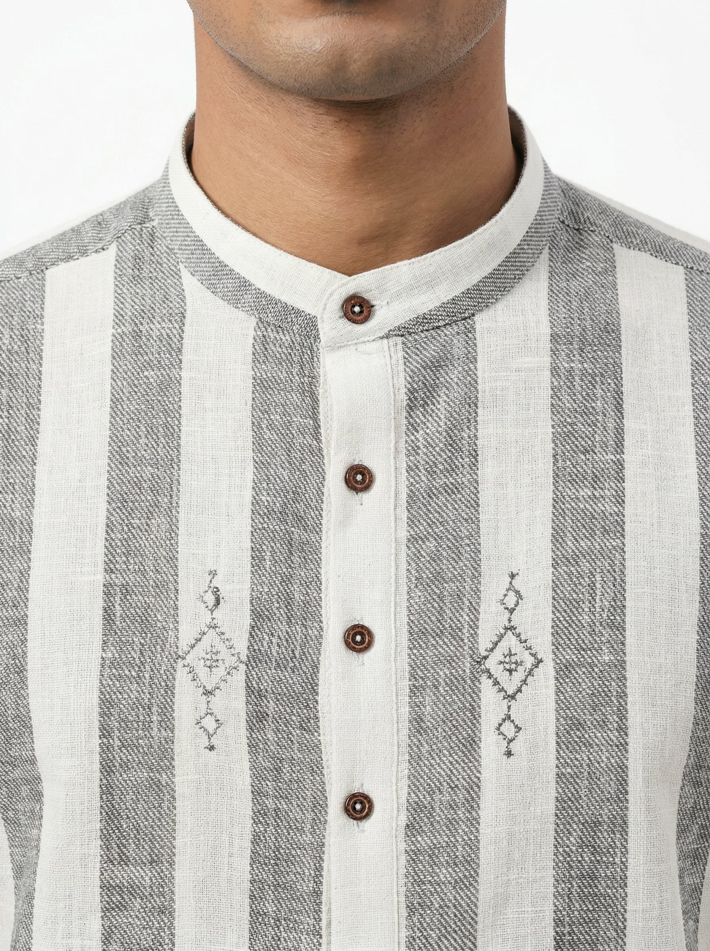 Men's Striped Short Kurta Shirt with Ethnic Embroidery