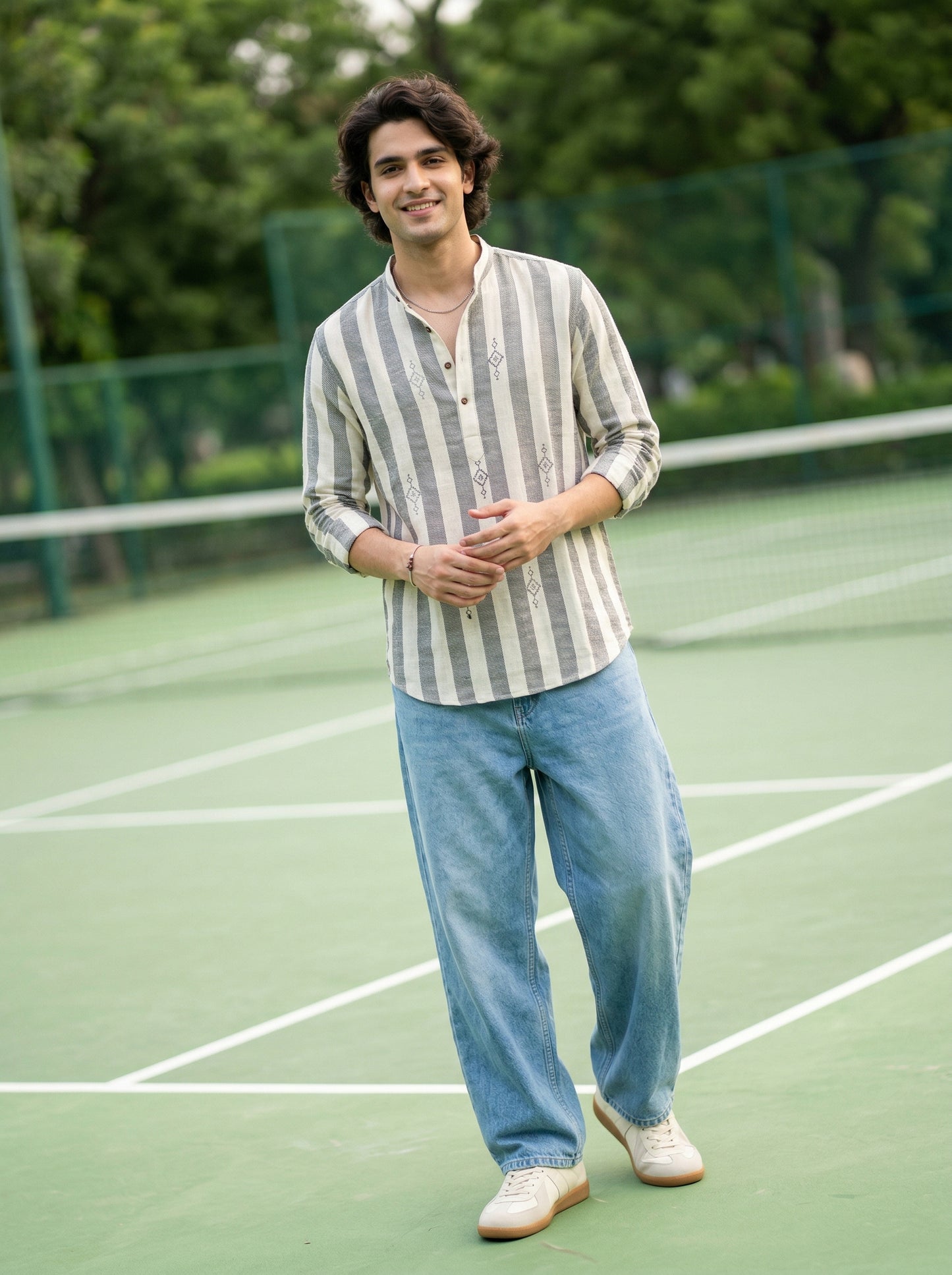 Men's Striped Short Kurta Shirt with Ethnic Embroidery