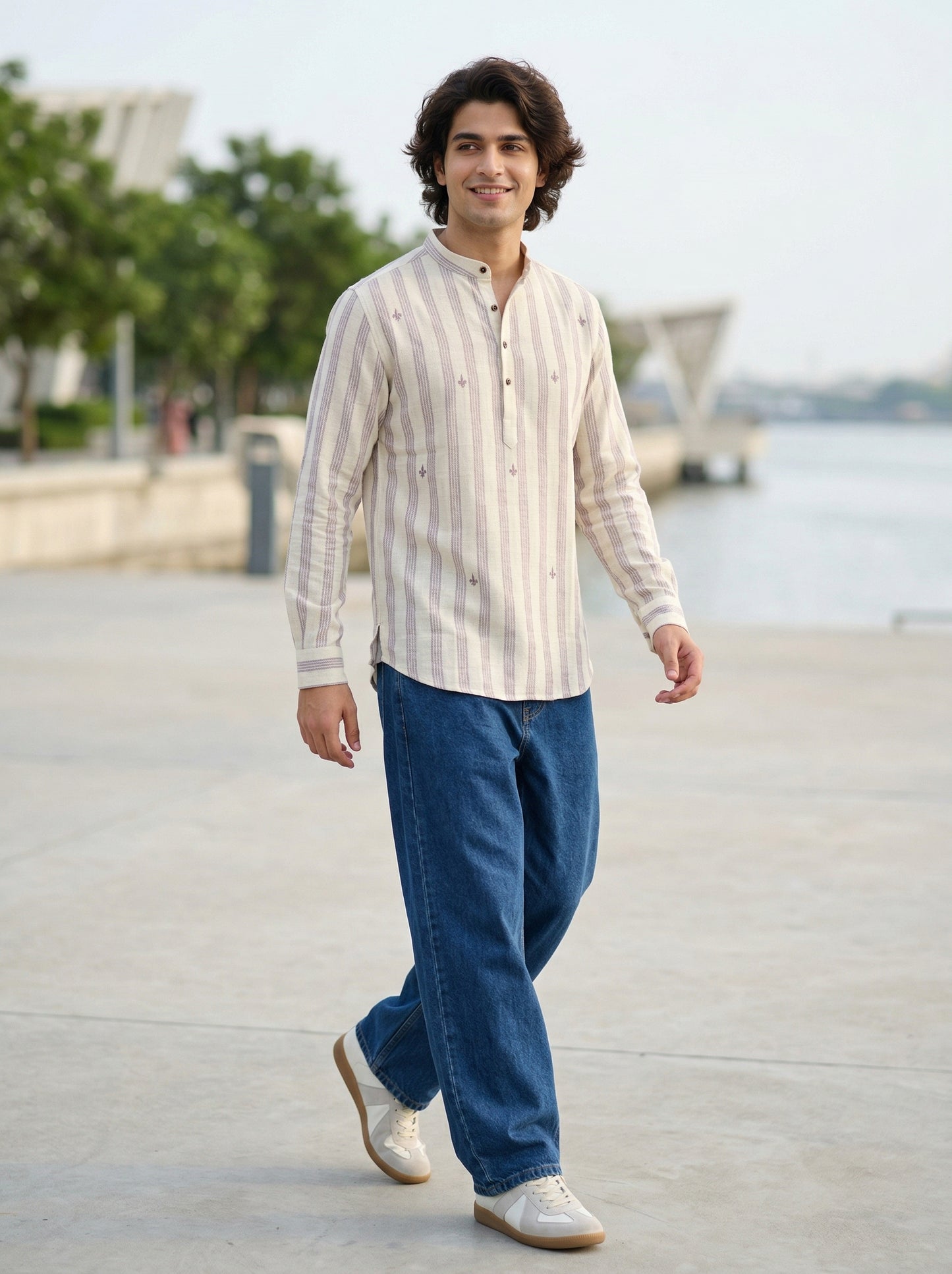 Men's Striped Short Kurta Shirt with Tiny Embroidery