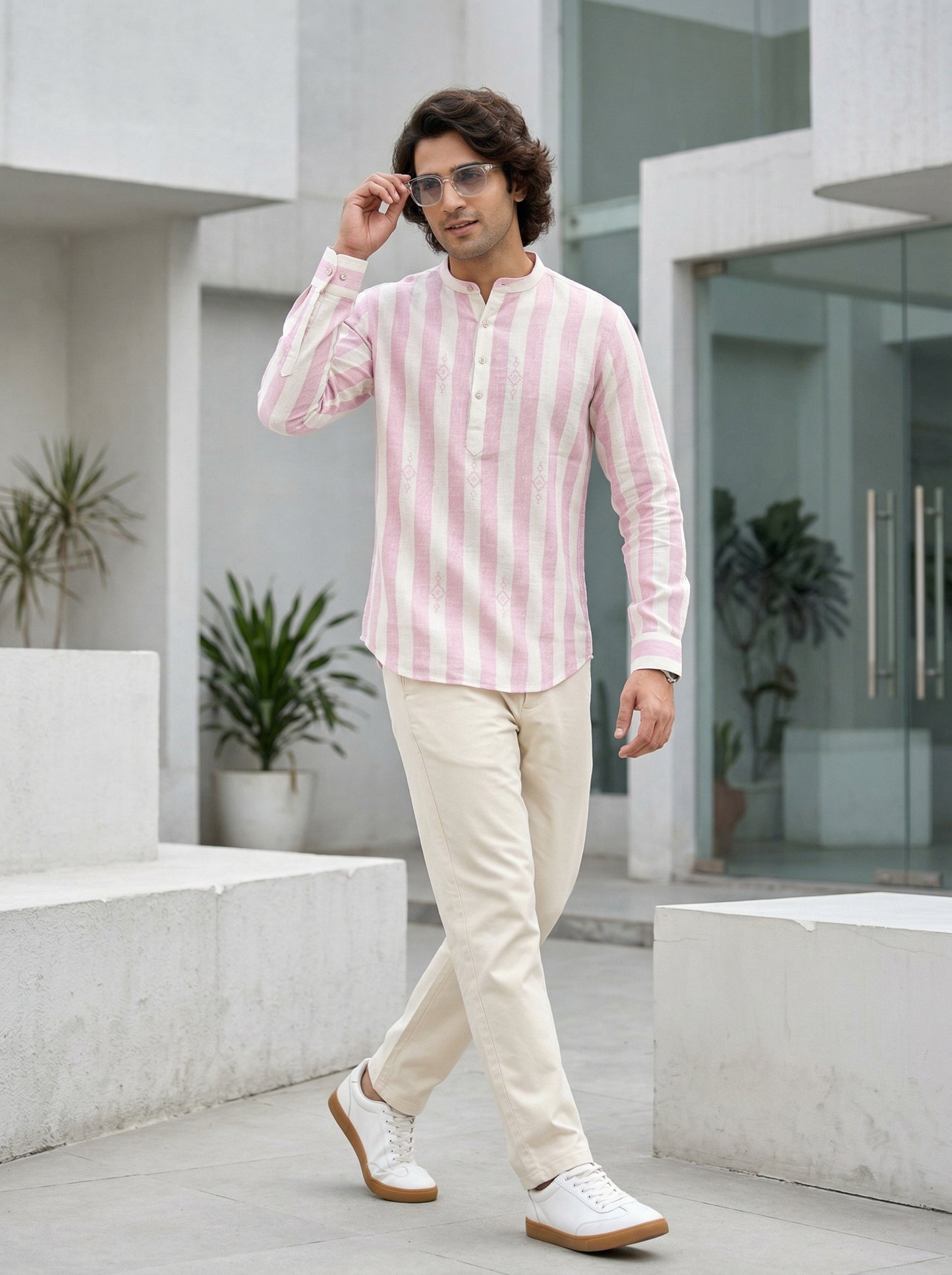 Men's Striped Short Kurta Shirt with Ethnic Embroidery