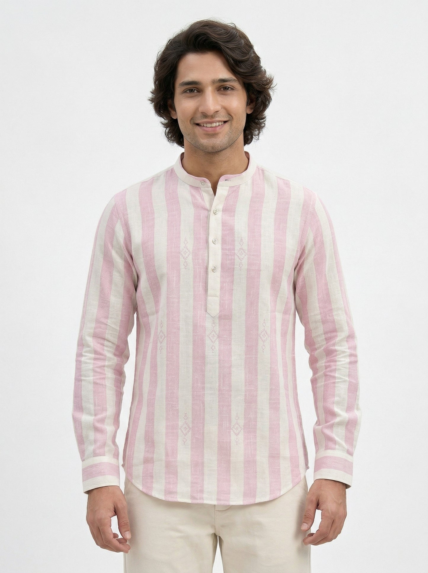 Men's Striped Short Kurta Shirt with Ethnic Embroidery