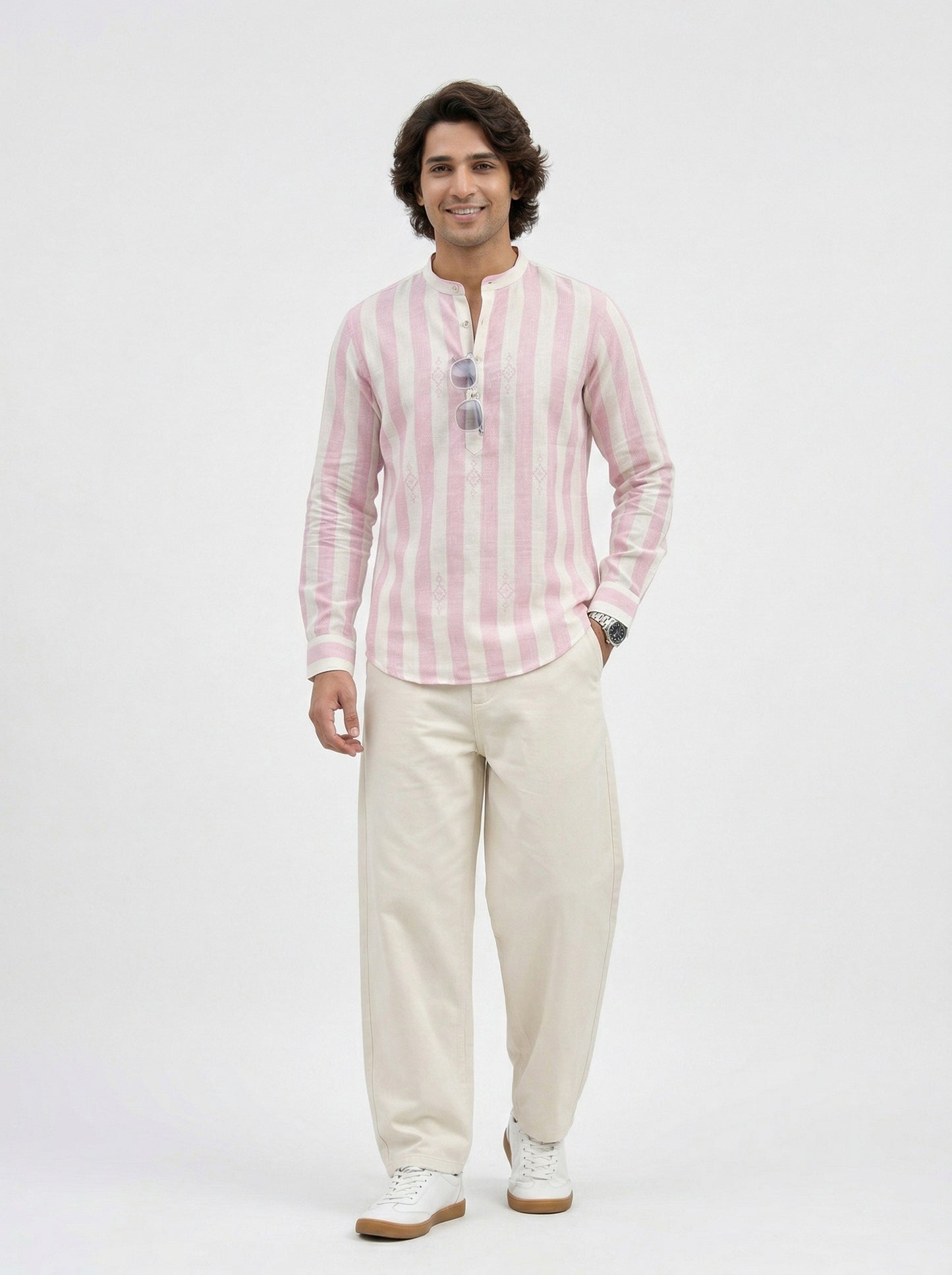 Men's Striped Short Kurta Shirt with Ethnic Embroidery
