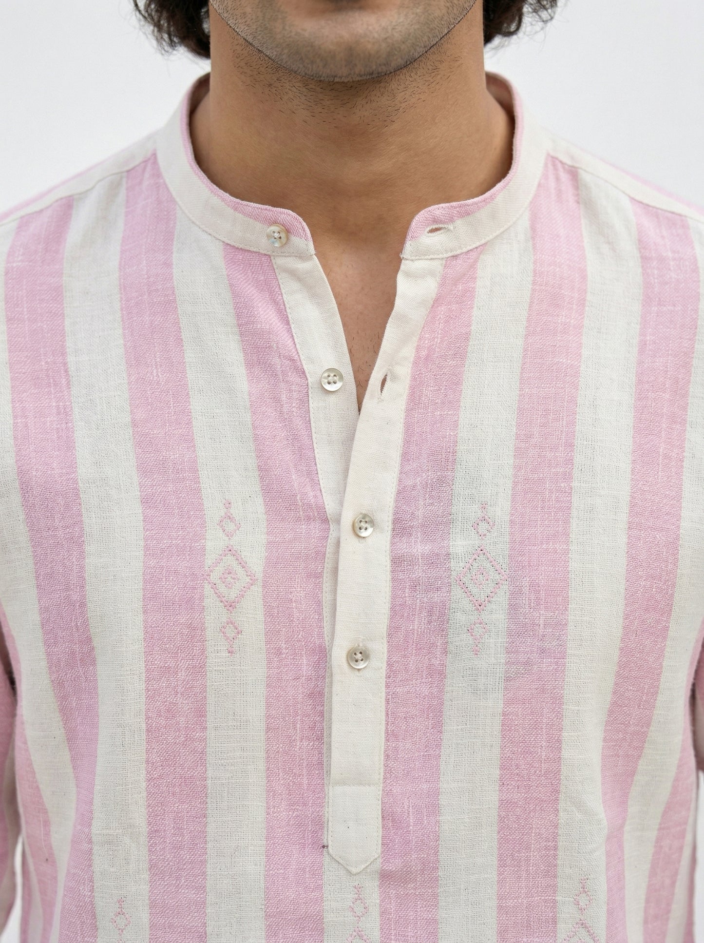 Men's Striped Short Kurta Shirt with Ethnic Embroidery