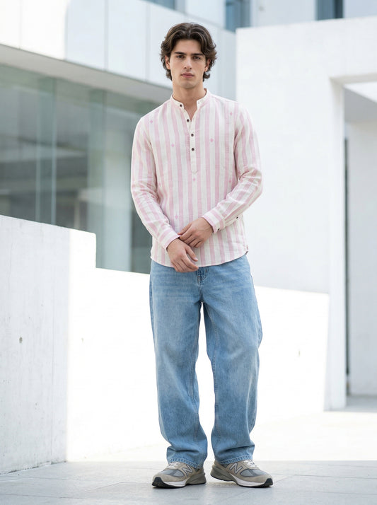 Men's Striped Short Kurta Shirt with Tiny Embroidery