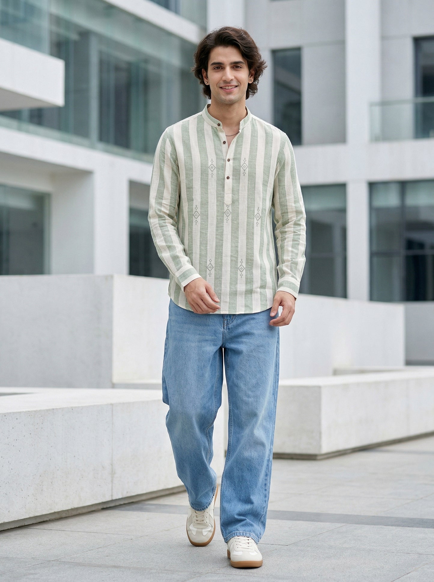 Men's Striped Short Kurta Shirt with Ethnic Embroidery