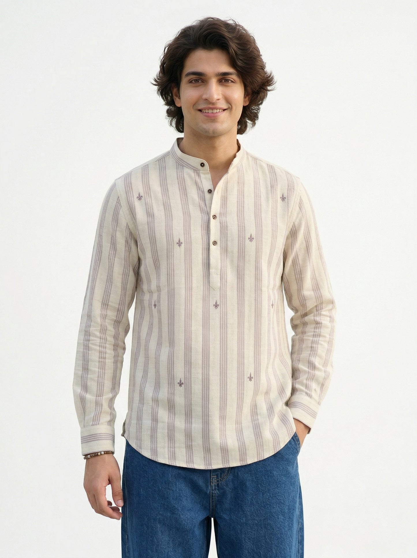 Men's Striped Short Kurta Shirt with Tiny Embroidery
