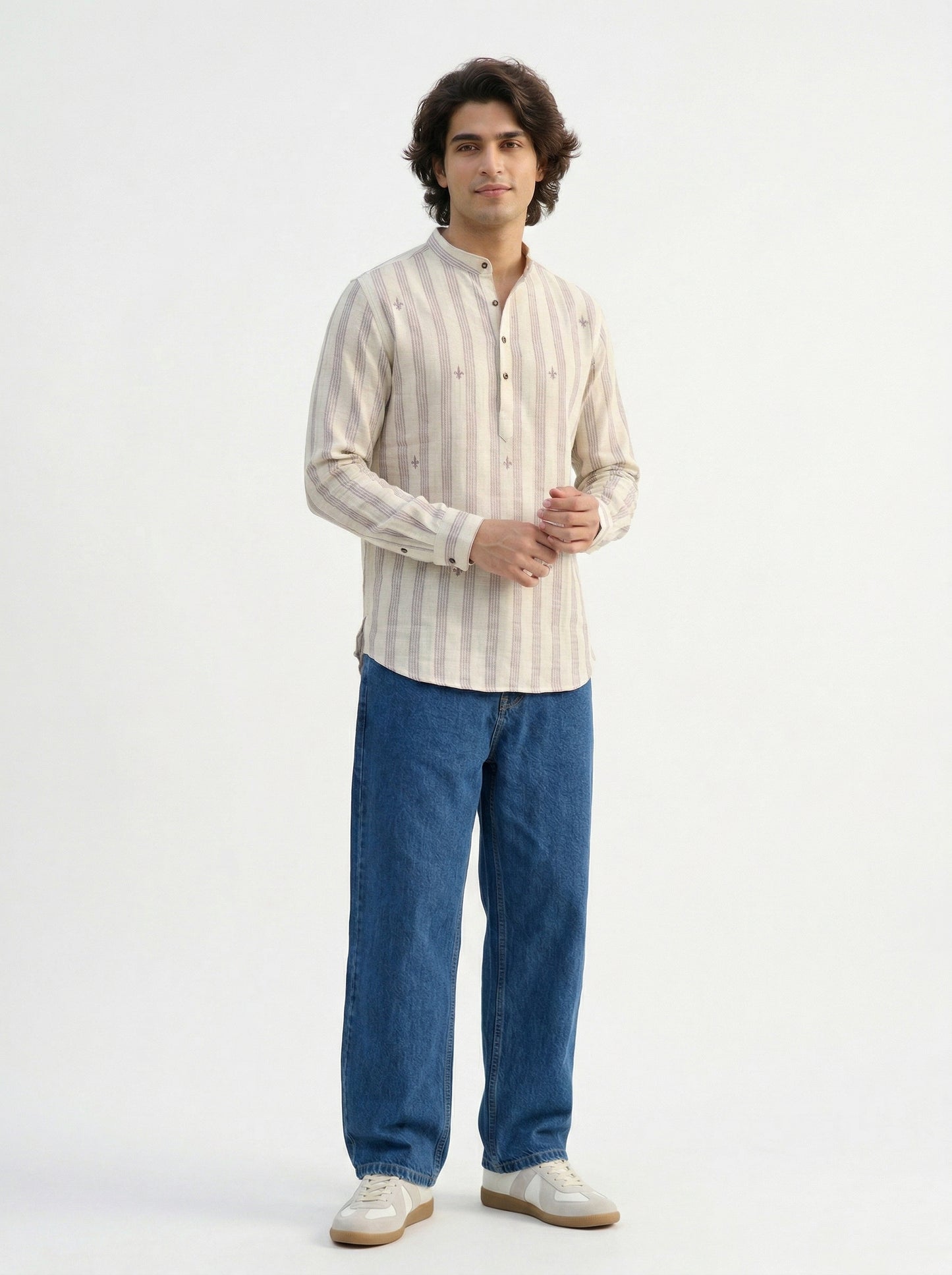 Men's Striped Short Kurta Shirt with Tiny Embroidery