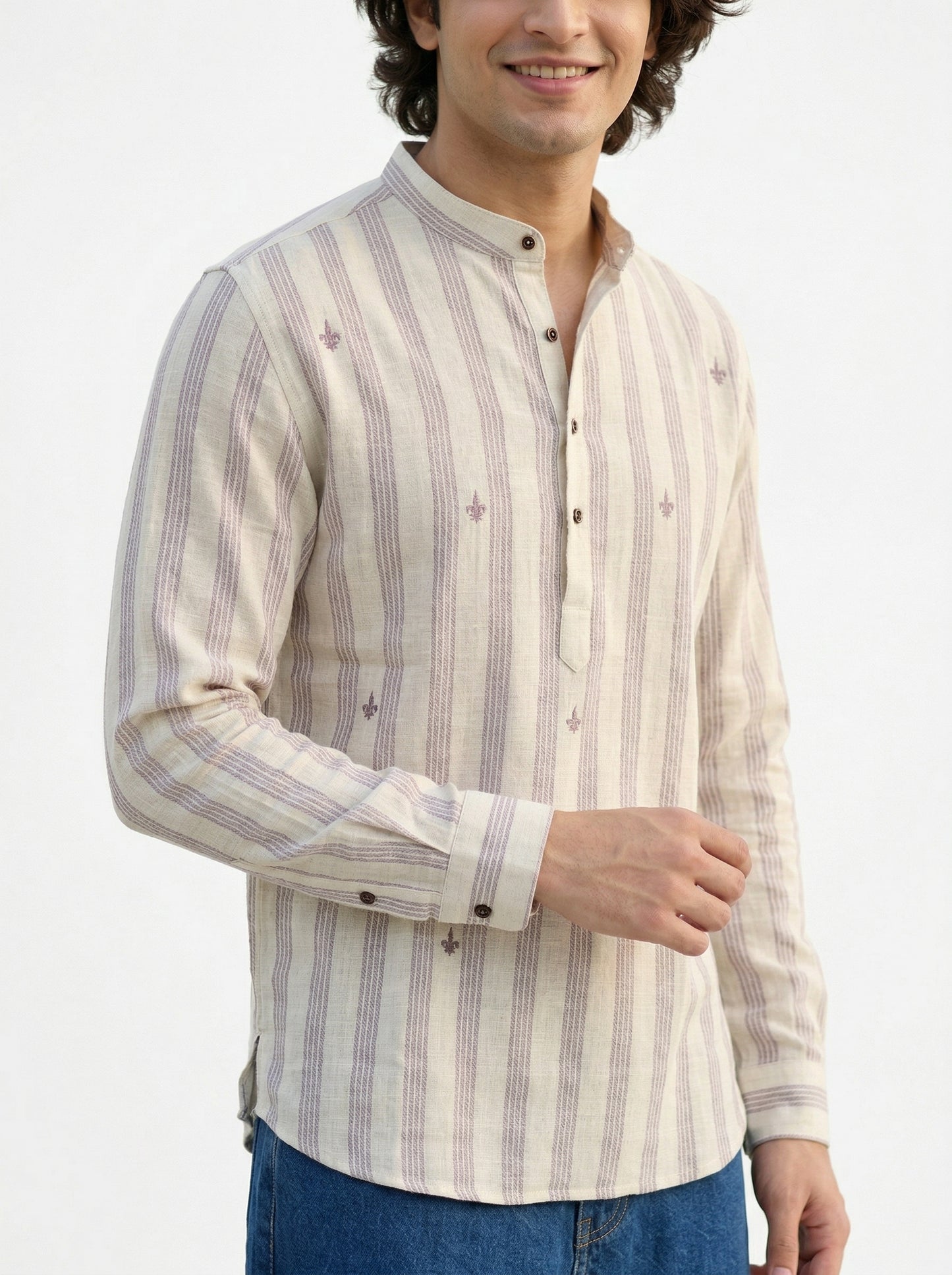 Men's Striped Short Kurta Shirt with Tiny Embroidery