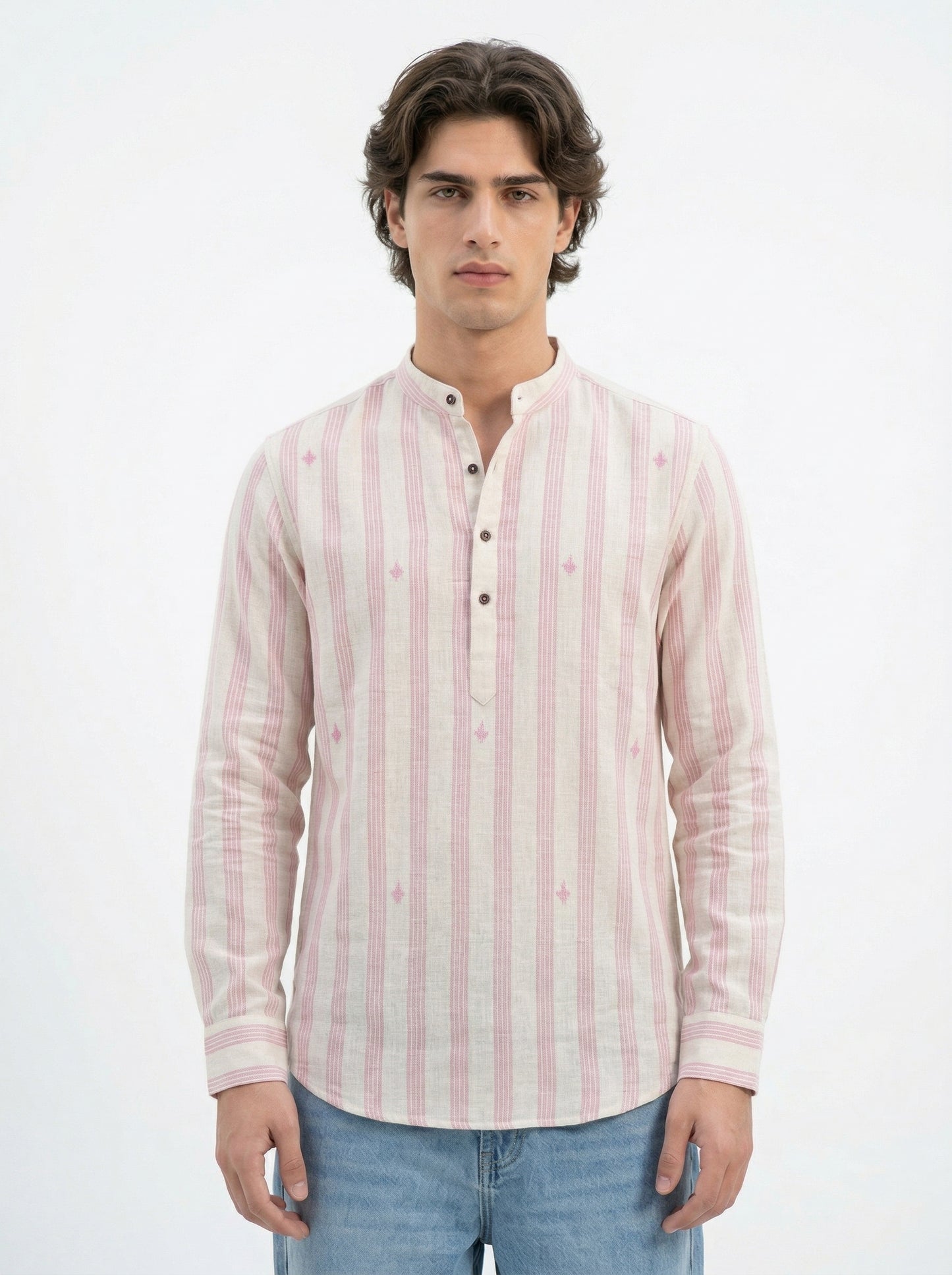 Men's Striped Short Kurta Shirt with Tiny Embroidery