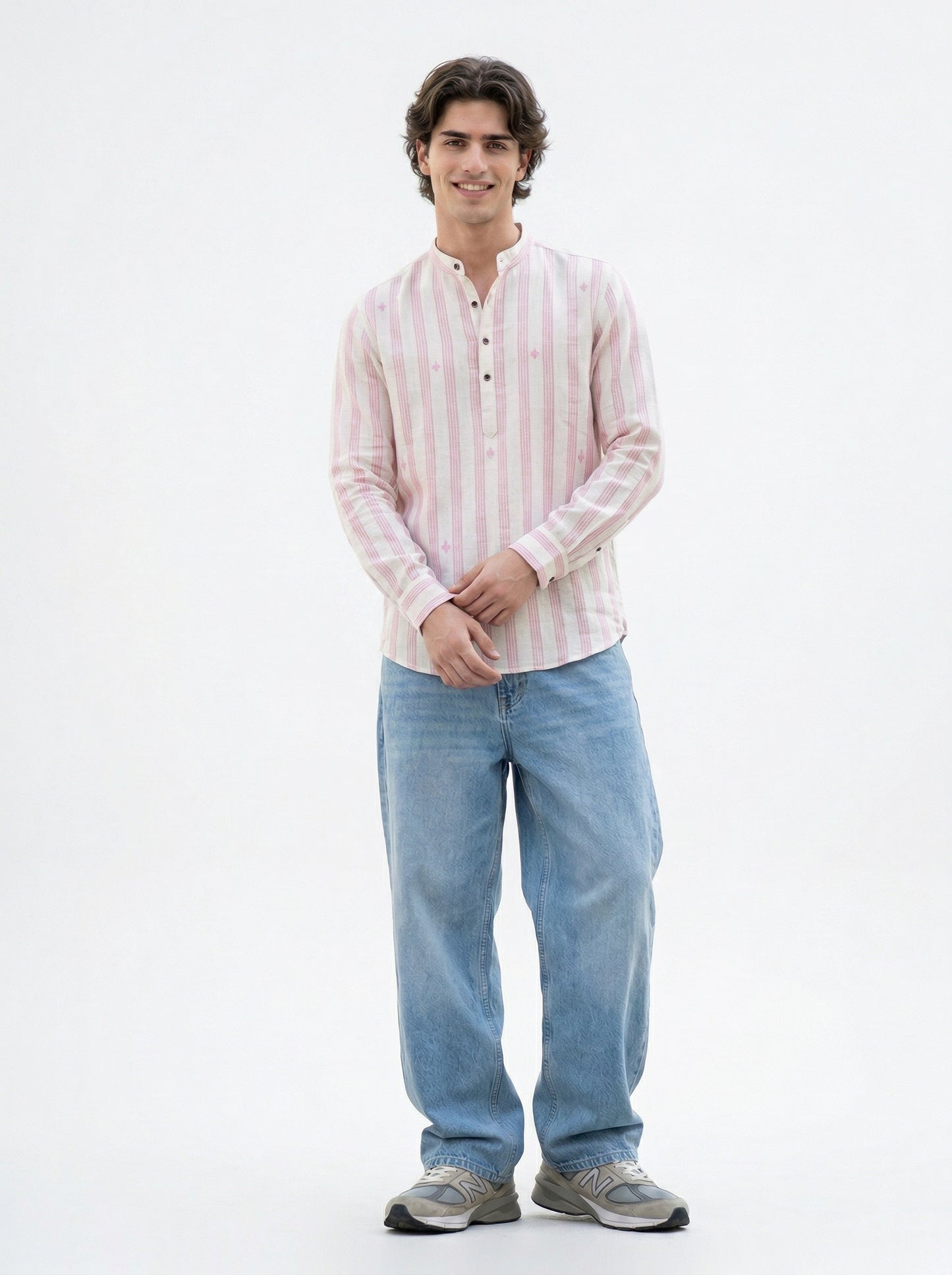 Men's Striped Short Kurta Shirt with Tiny Embroidery