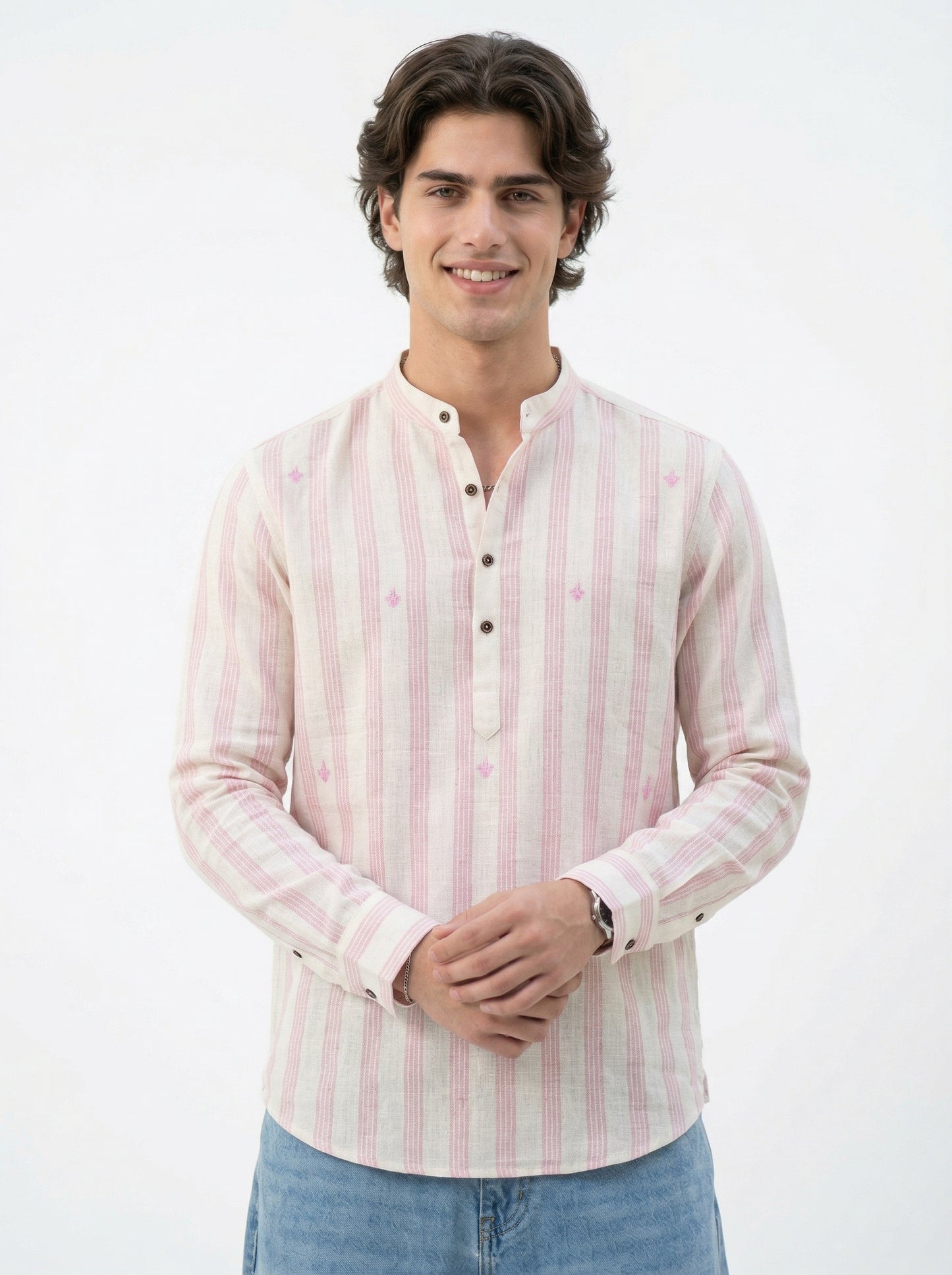 Men's Striped Short Kurta Shirt with Tiny Embroidery