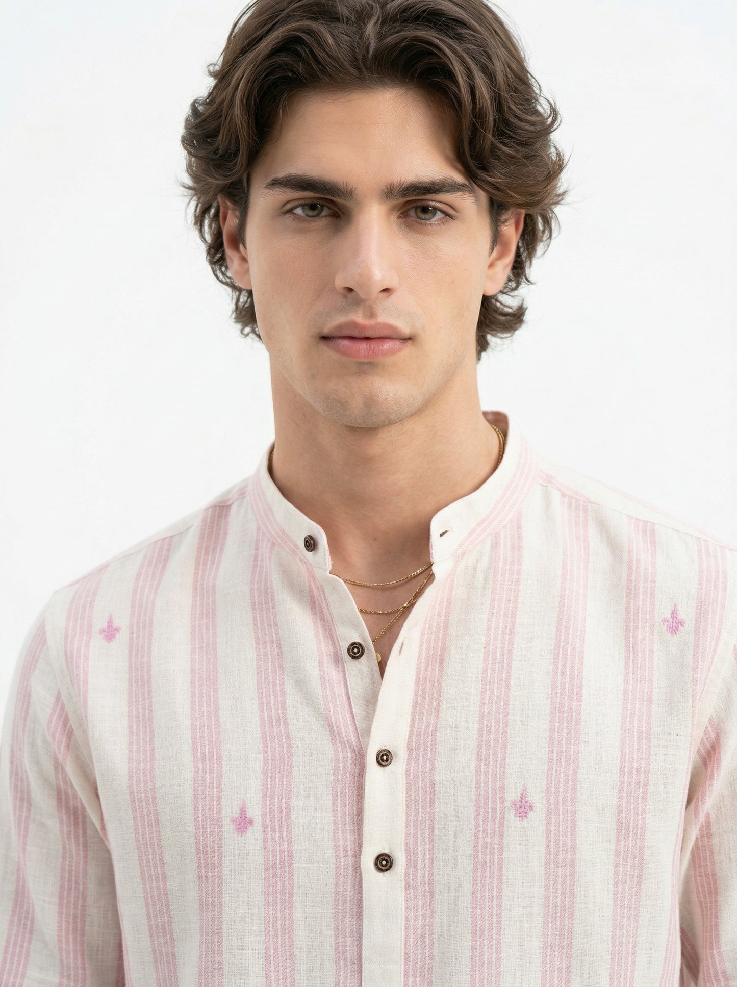 Men's Striped Short Kurta Shirt with Tiny Embroidery