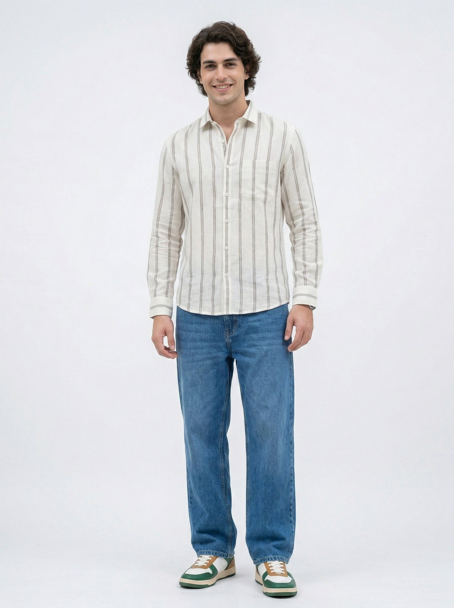 Men’s Beige Vertical Stripe Linen Shirt